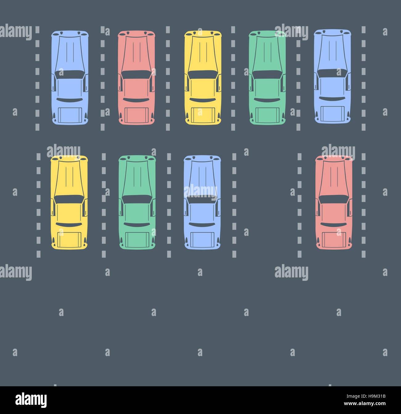 Draufsicht auf einen Parkplatz der Stadt mit einer Reihe von verschiedenen Autos Stockfoto