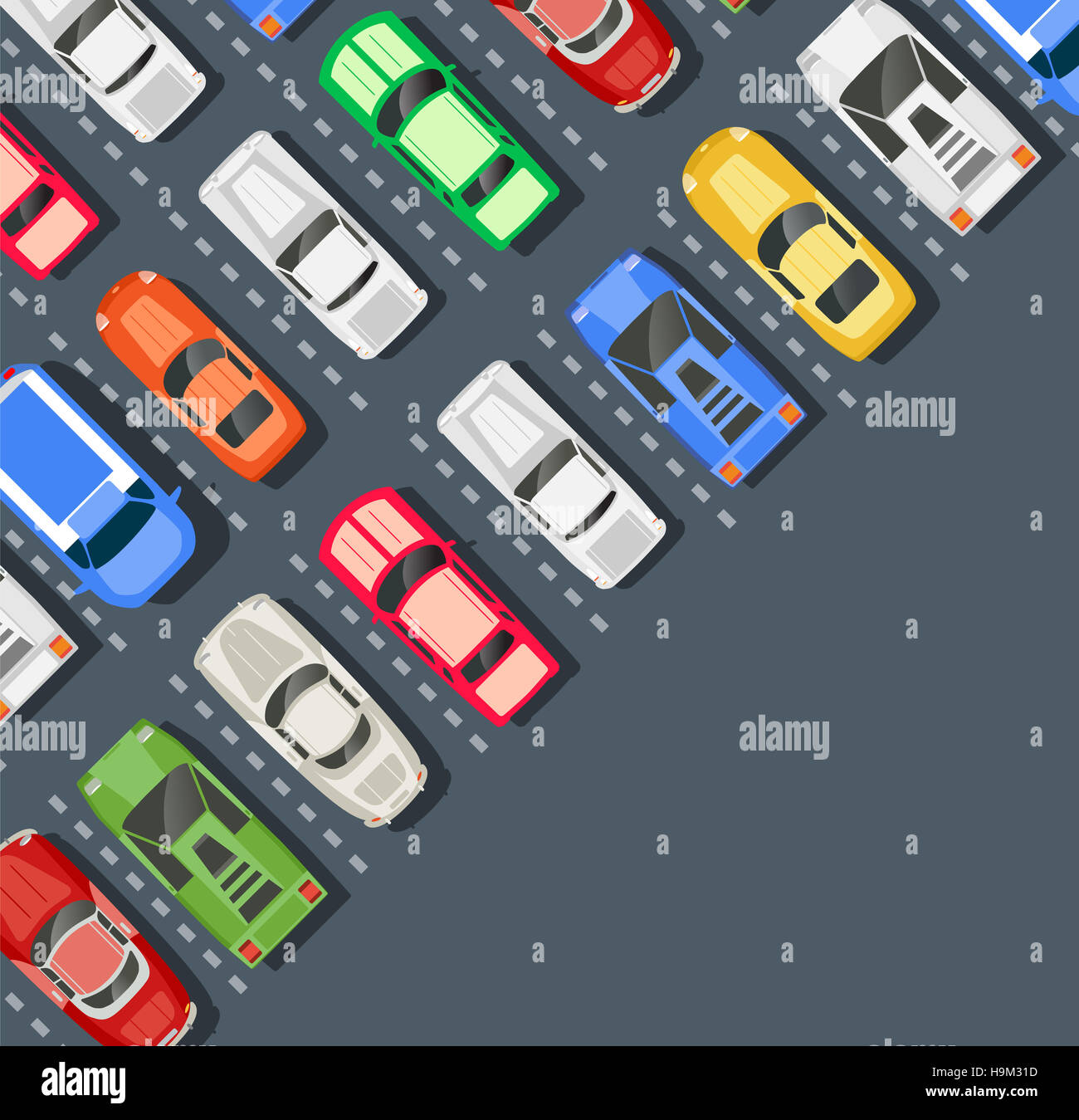 Draufsicht auf einen Parkplatz der Stadt mit einer Reihe von verschiedenen Autos Stockfoto