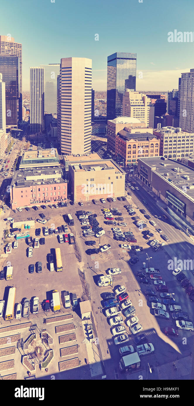 Vintage stilisierte Luftaufnahme von Denver Downtown, Colorado, USA. Stockfoto