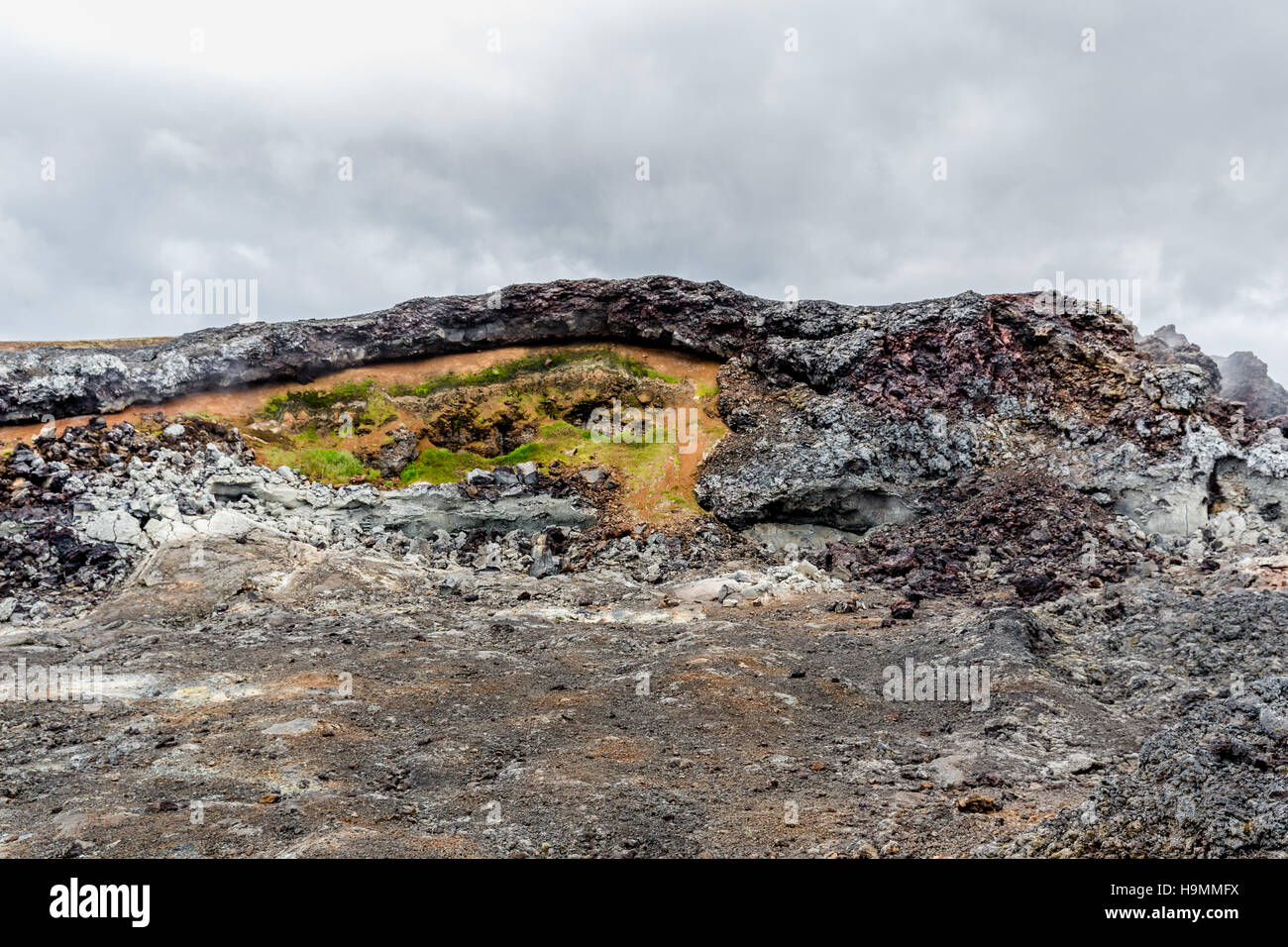 Lavafelder, Vulkan Krafla, Island, Vulkanlandschaft, Nordosten Islands, Krater, Stockfoto