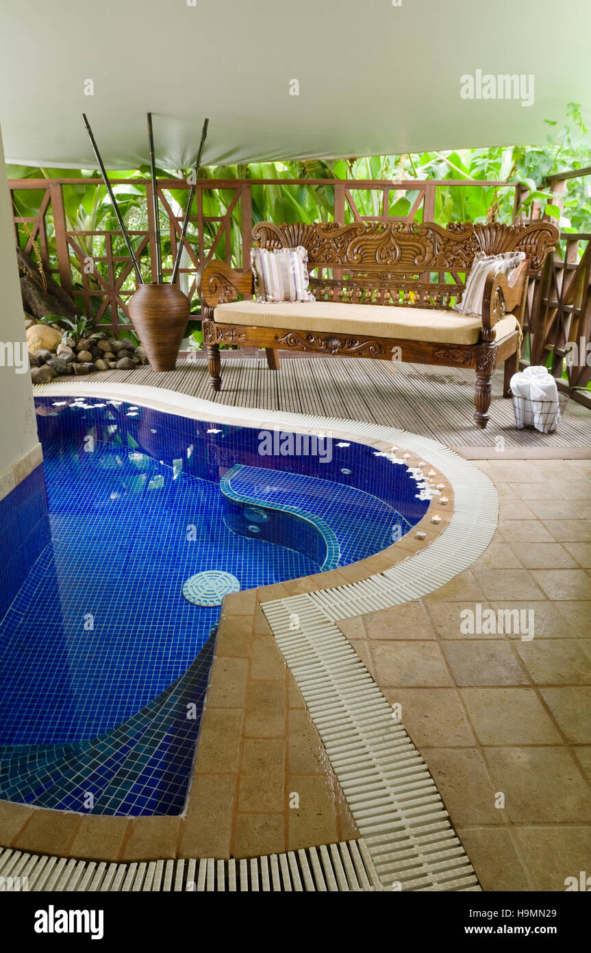 Geschnitzte Bank und Plunge Pool in Santa Lucia, Spa-Resort, Hotel und Therapiezentrum, Caribbean Stockfoto