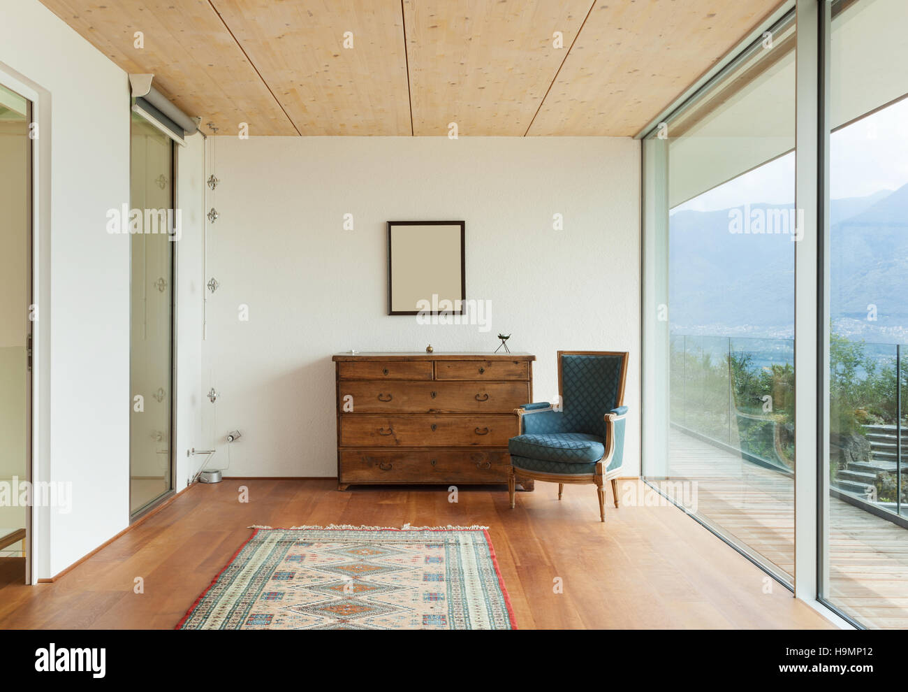 Berghaus, moderne Architektur, Interieur, Detail Zimmer Stockfoto