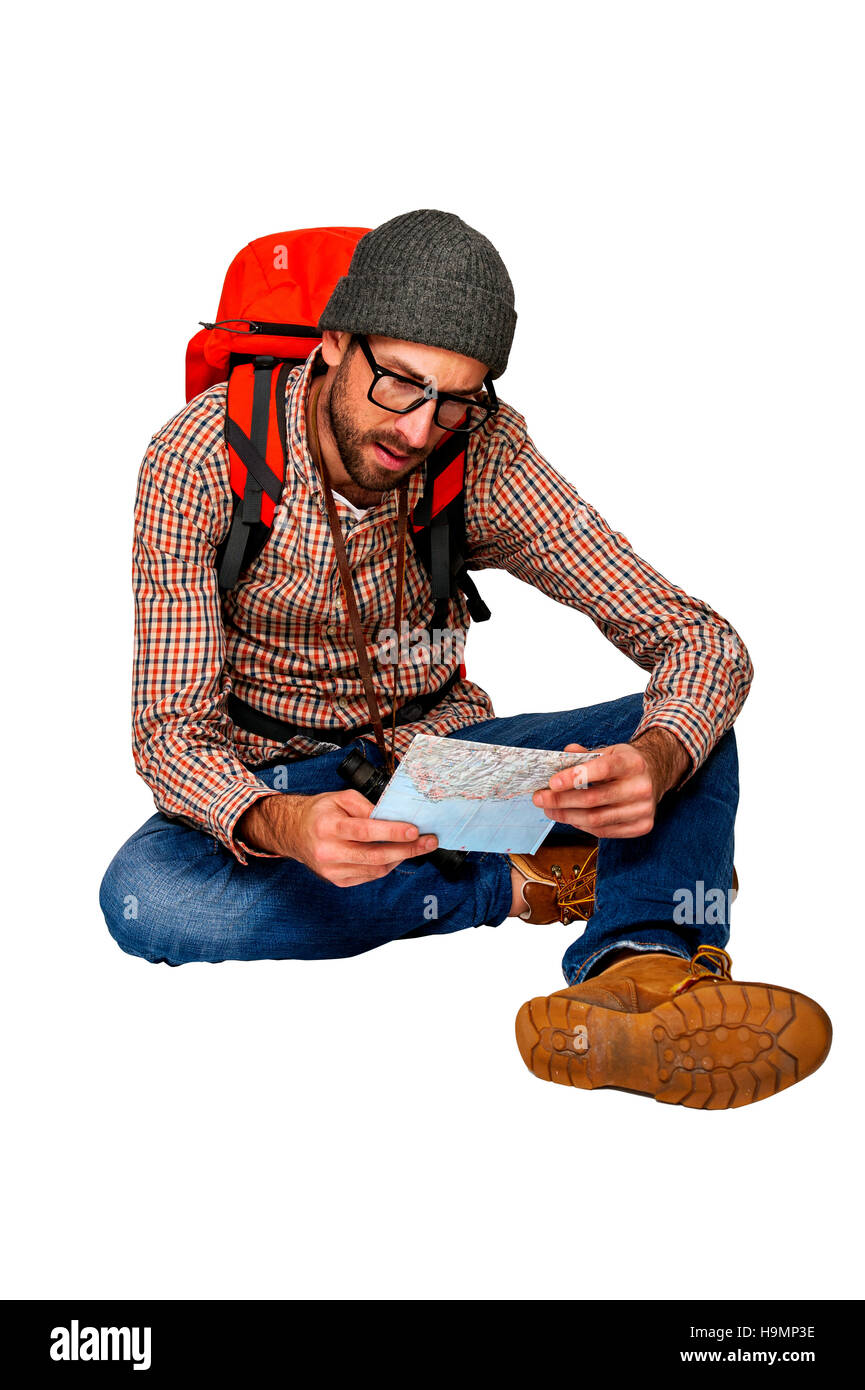 Explorer Mann durchsuchen Karte auf weißem Hintergrund. Stockfoto