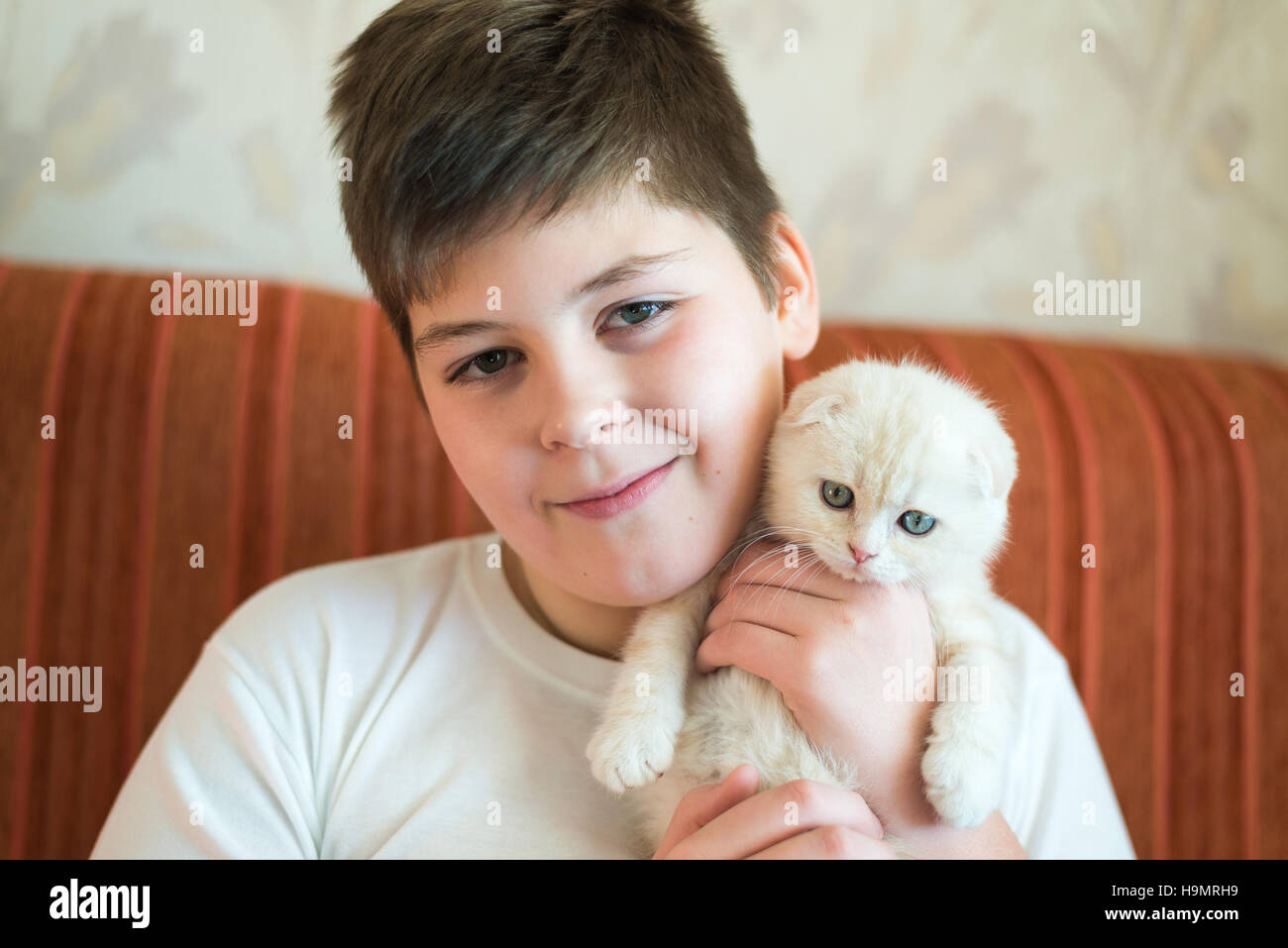 Junge Teenager halten Kätzchen im Arm Stockfoto