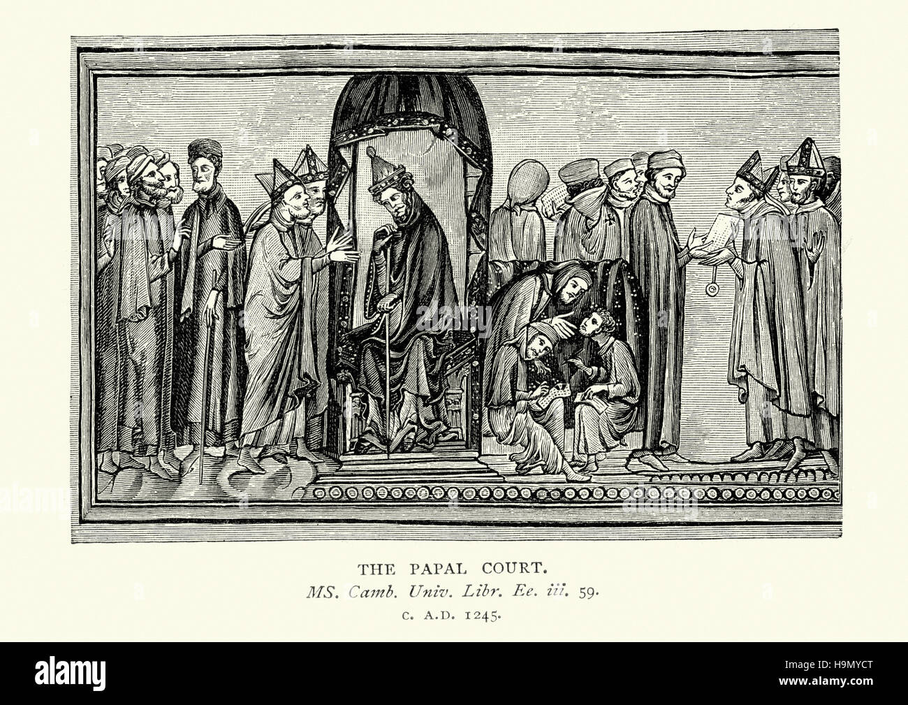 13. Jahrhundert mittelalterliche päpstlichen Hof. Mit dem Papst und Bischöfe Chruch Recht Stockfoto