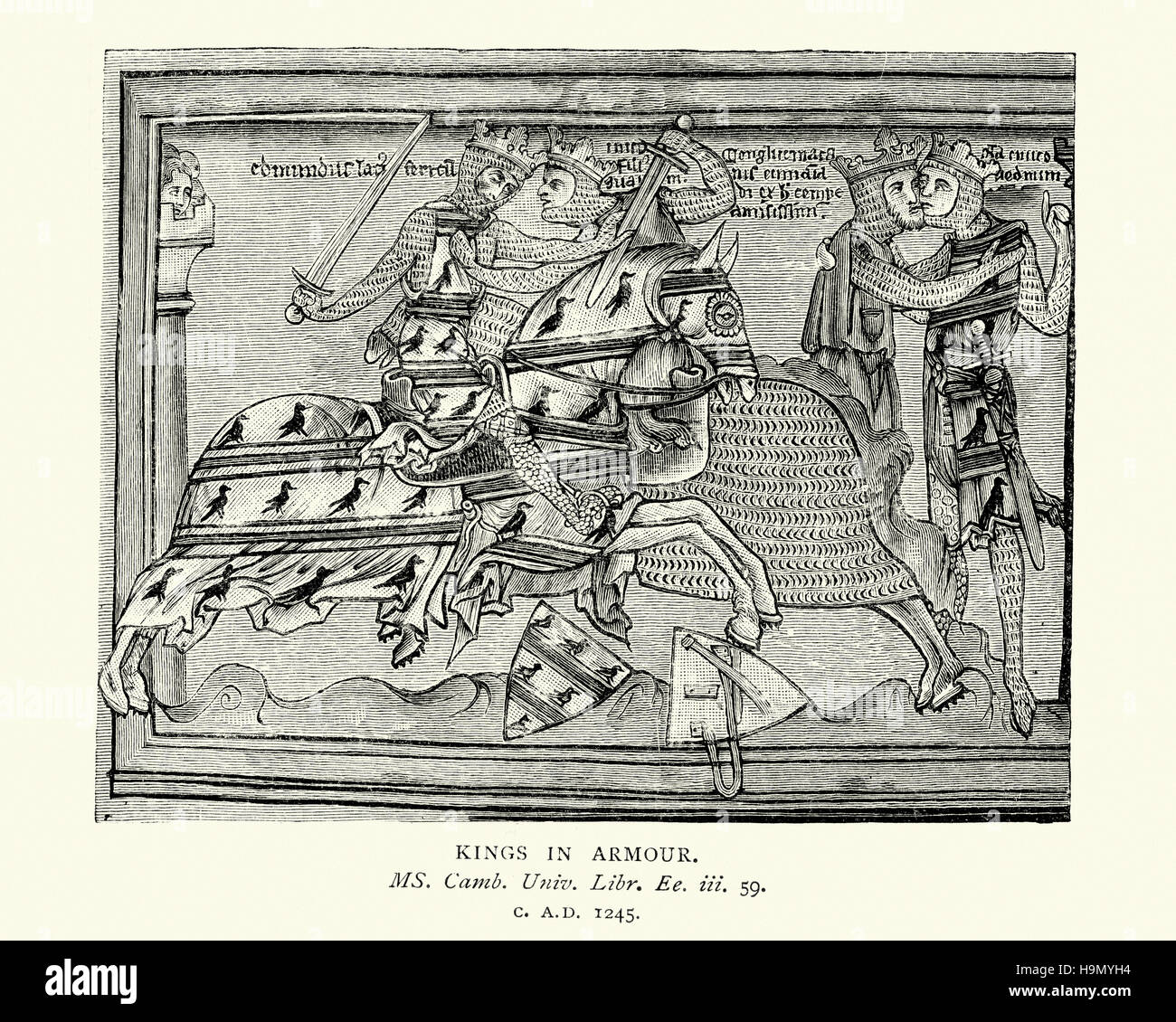 Mittelalterliche Könige kämpfen in einander auf dem Pferderücken mit Schwertern. Im Hintergrund können sie küssen im Zeichen des Friedens zu sehen sein. 13. Jahrhundert Stockfoto