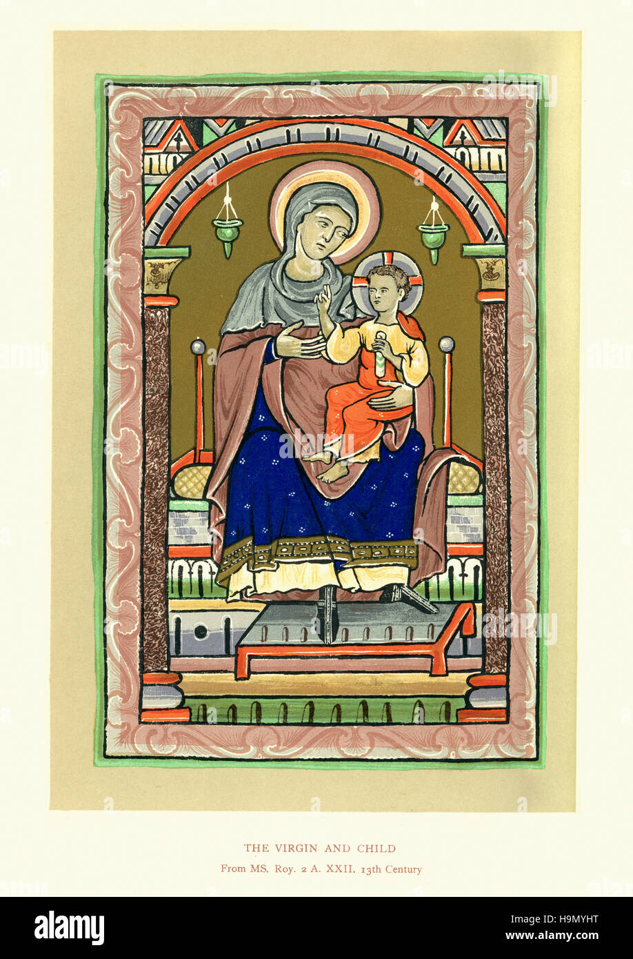 Mittelalterliche Handschrift Abbildung der Jungfrau Maria mit Kind, 13. Jahrhundert Stockfoto
