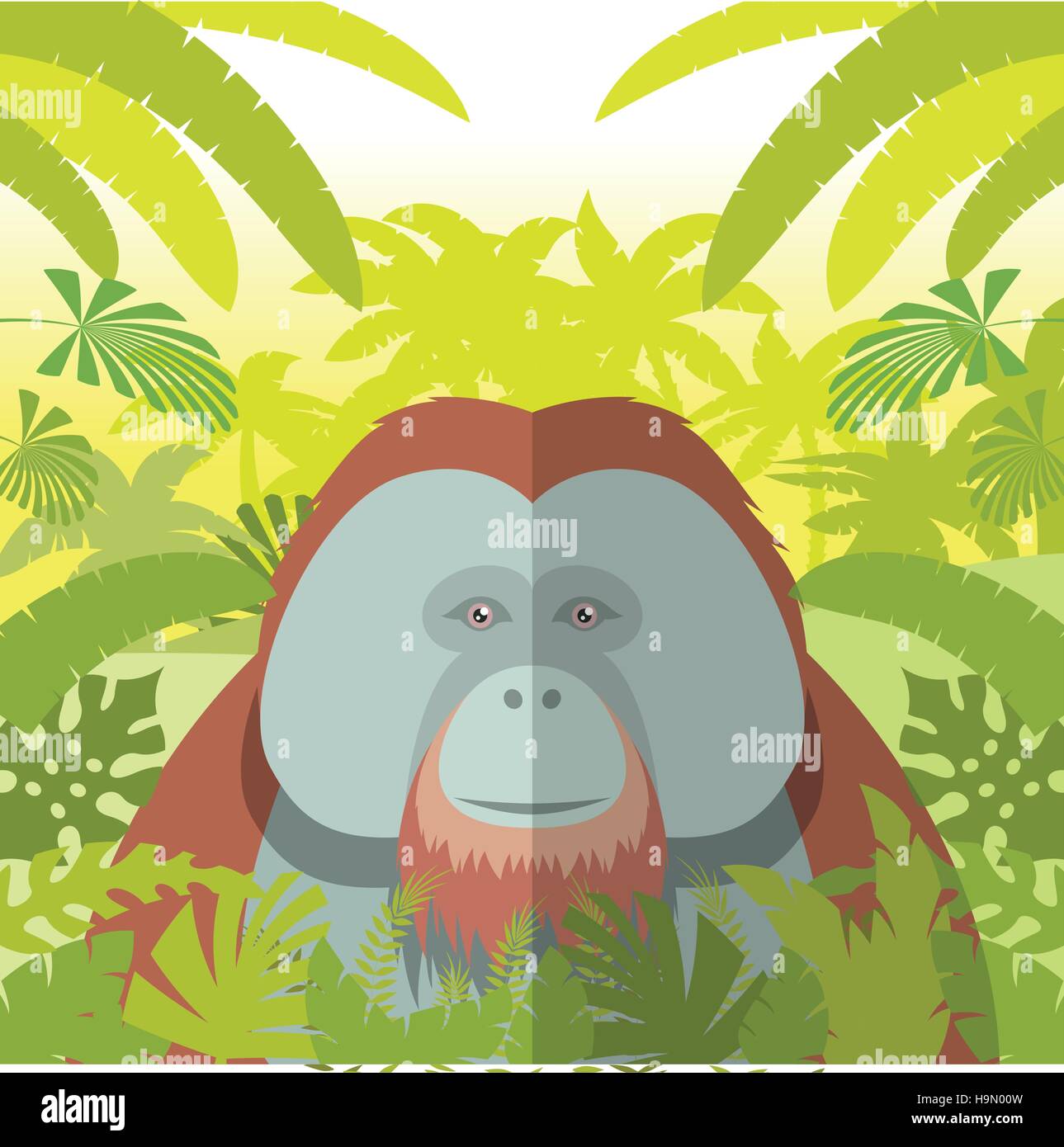 Flache Vektorbild des Orang-Utans auf dem Dschungel-Hintergrund Stock Vektor