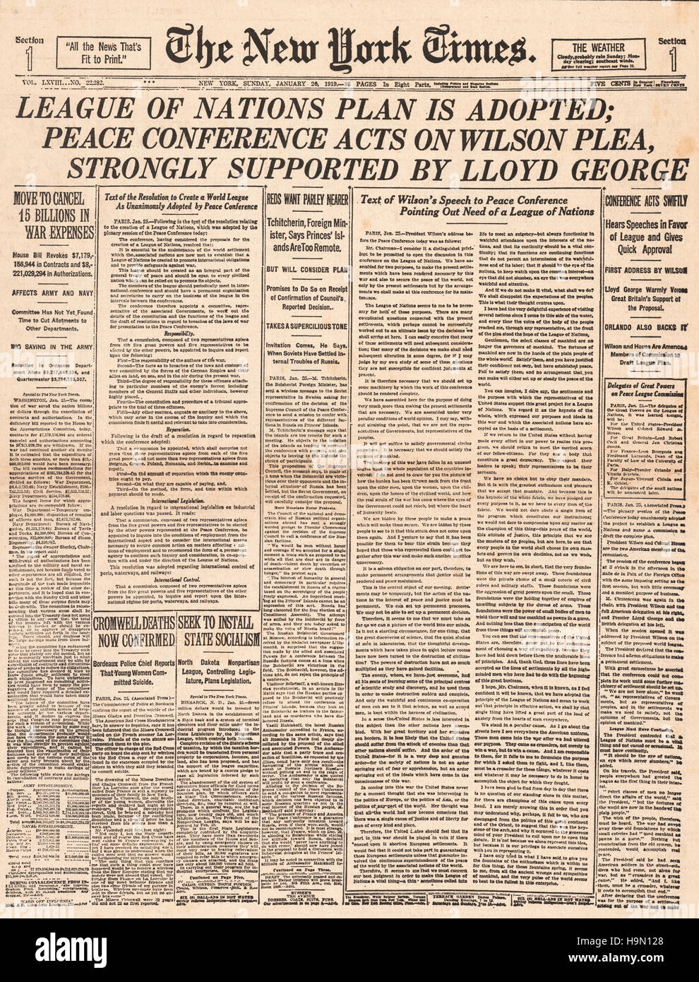 1919 gründete Titelseite der New York Times Völkerbund Stockfoto