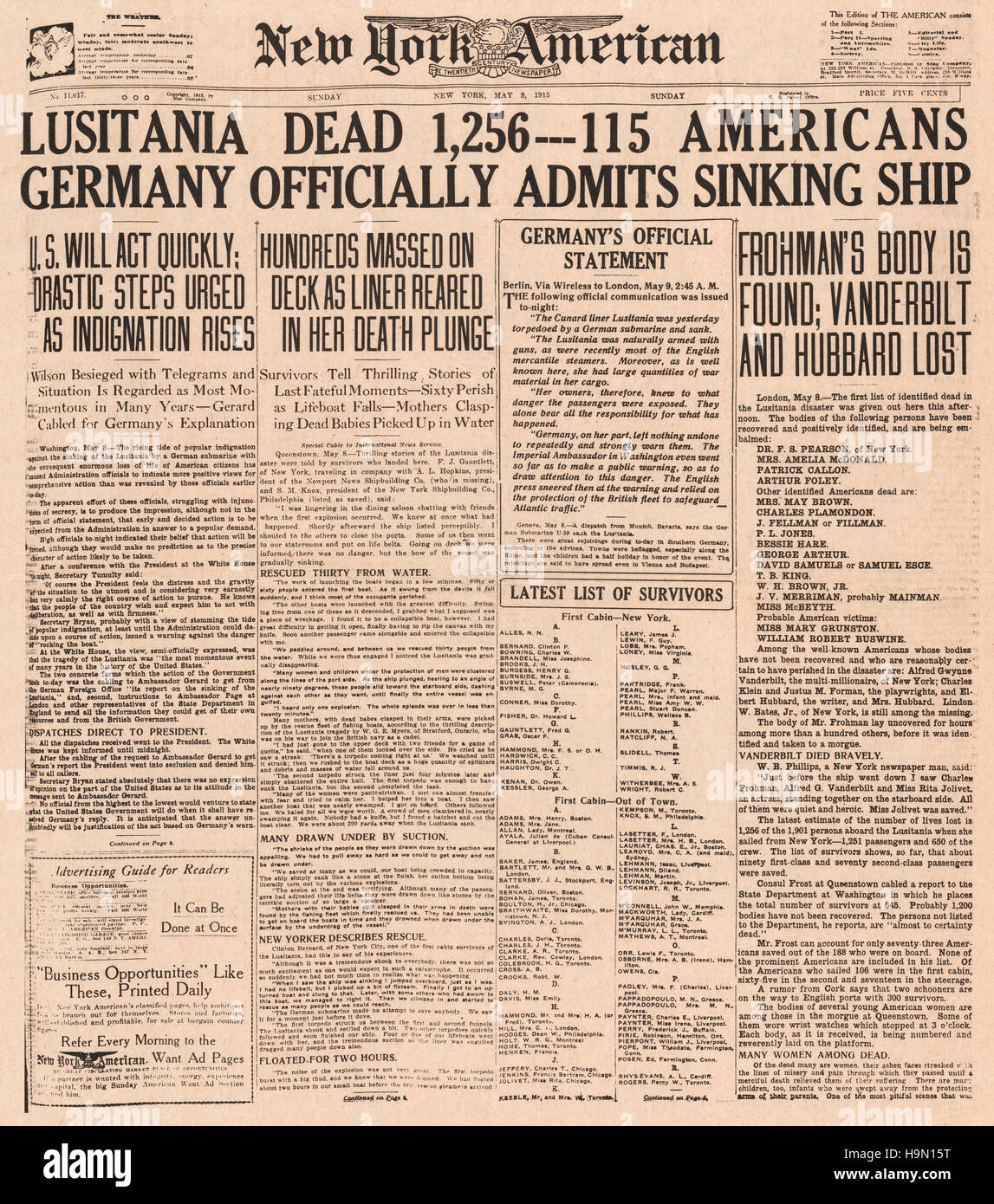 1915 New York amerikanische Front Seite Untergang der RMS Lusitania Stockfoto