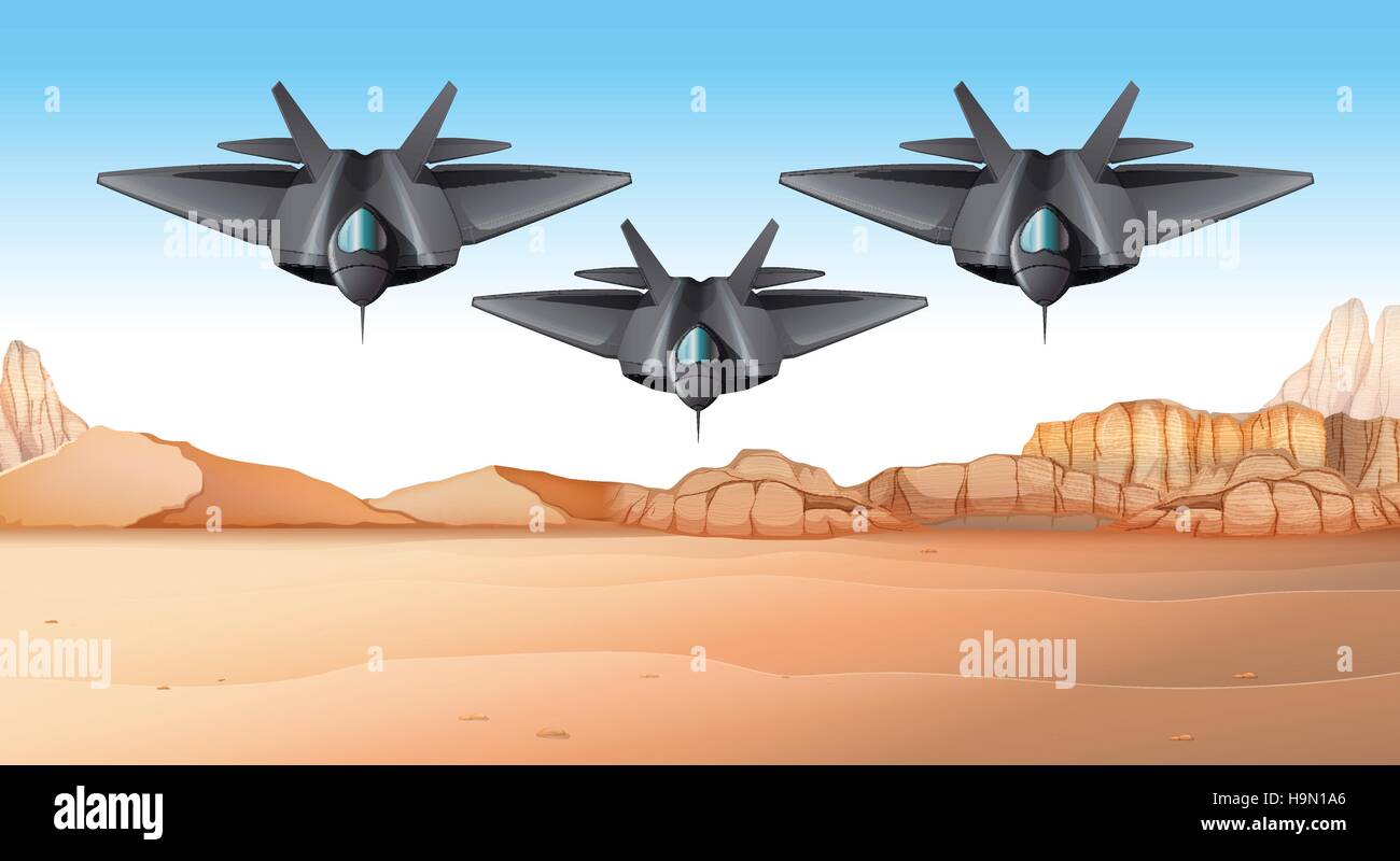 Drei Kämpfe Jets fliegen über der Wüste Abbildung Stock Vektor