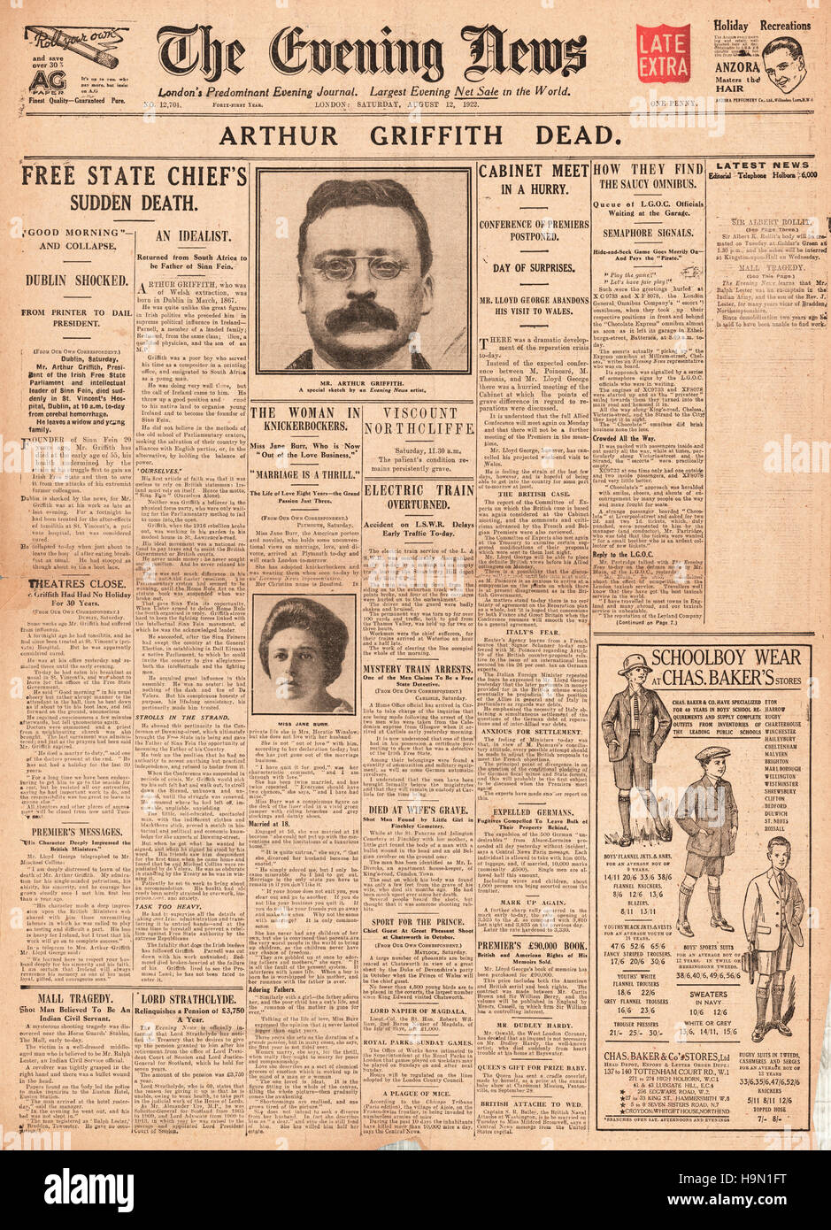 1922-Abend-Nachrichten Titelseite Tod von Arthur Griffith, Präsident von Iren geben Zustand frei Stockfoto