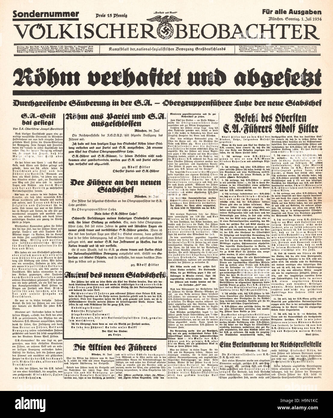 1938 Völkischer Beobachter Vorderseite reporting S.A. Führer Ernst Röhm ausgeführt Stockfoto