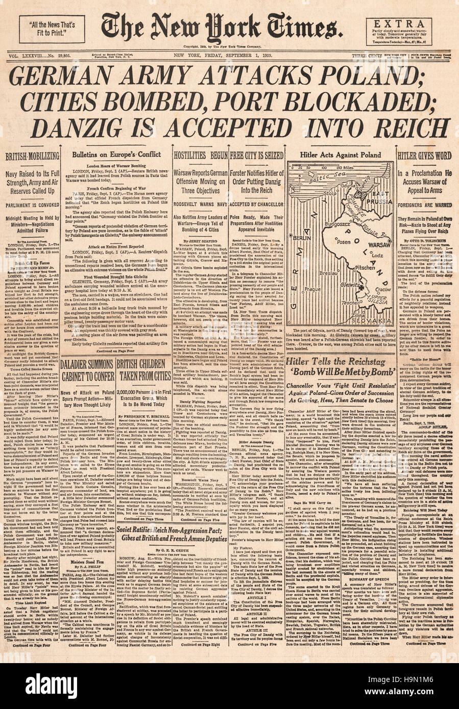 1939 New York Times Titelseite Berichterstattung der deutschen Invasion von Polen Stockfoto