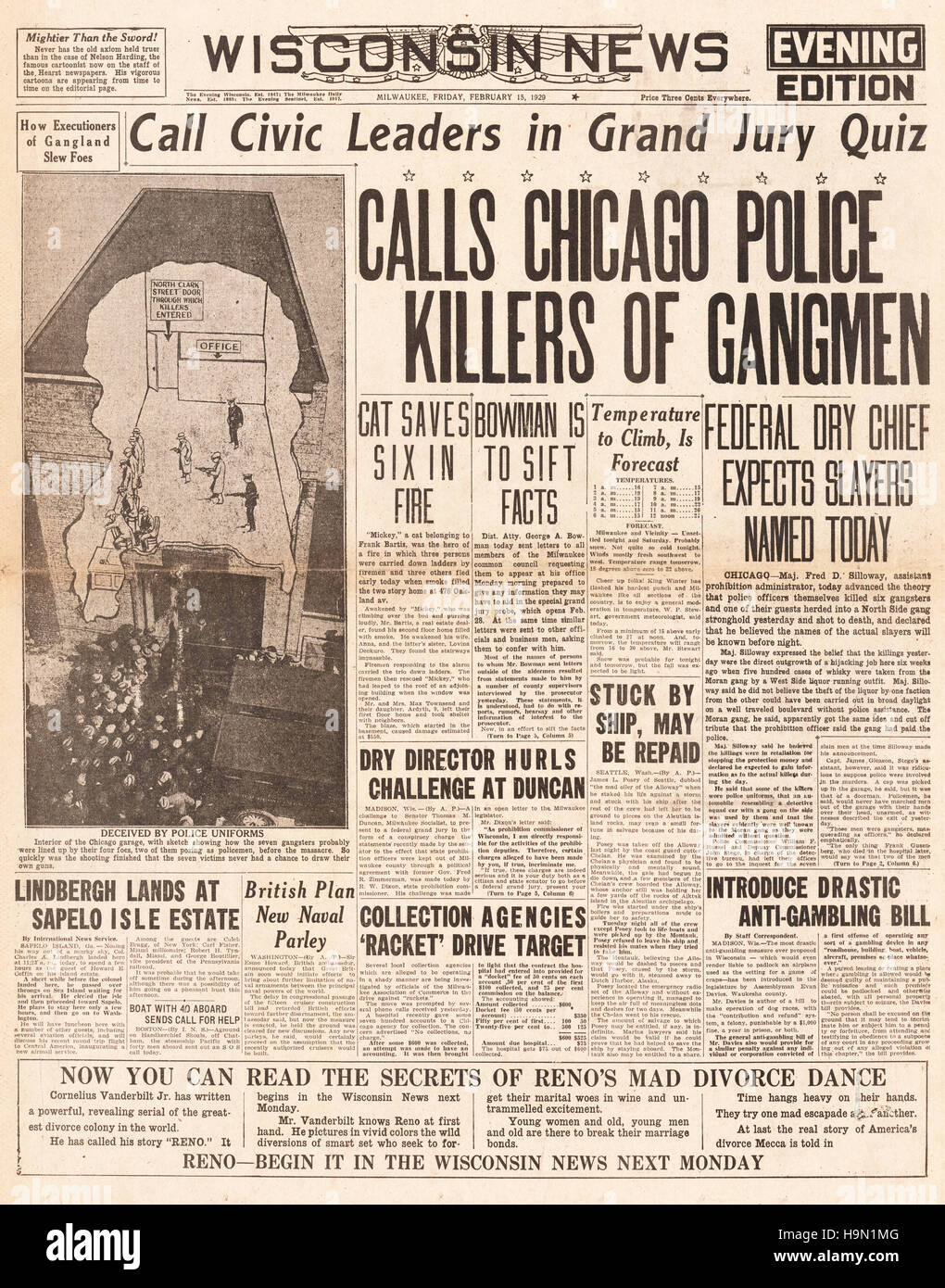 1929 Wisconsin Nachrichten Titelseite Valentinstag-Massaker Stockfoto