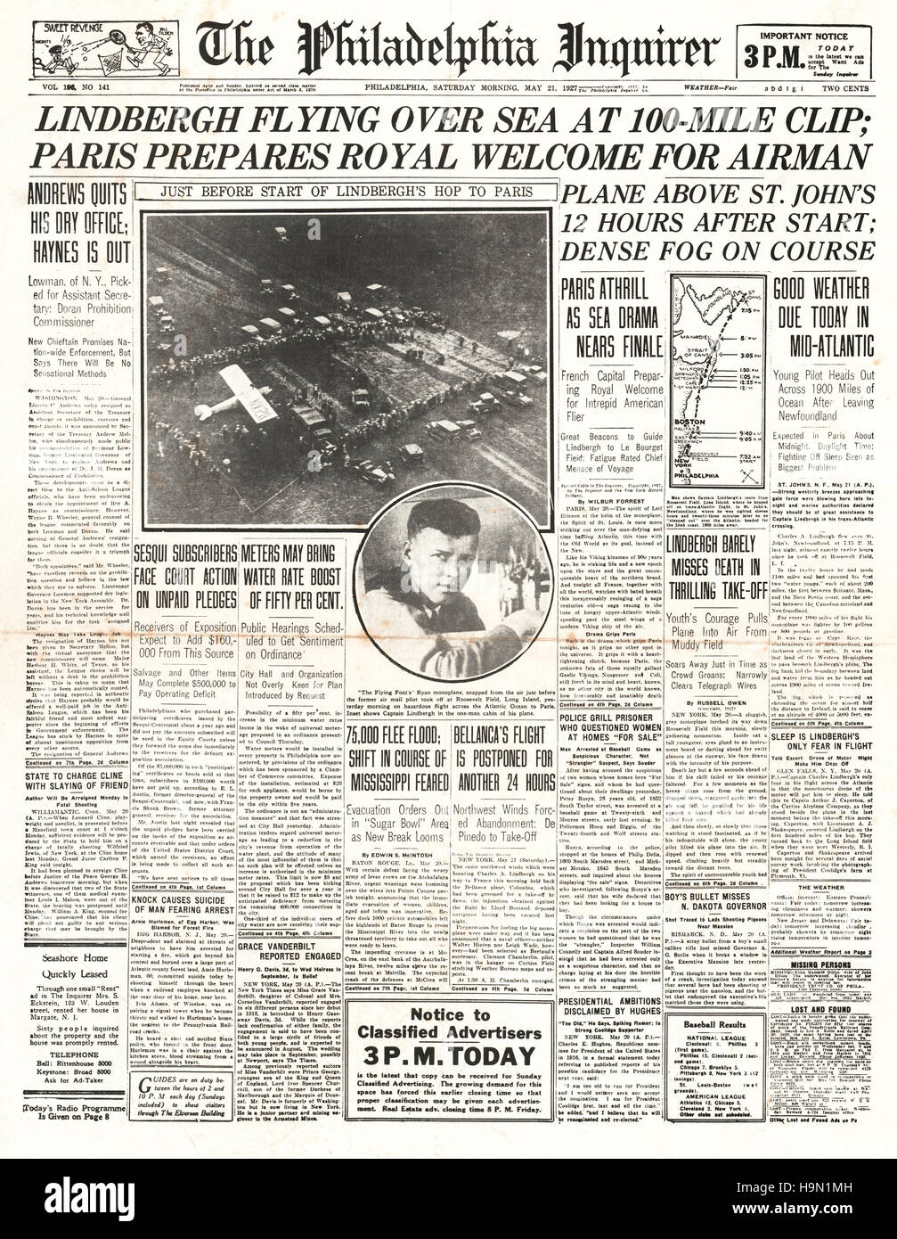 1927 Philadelphia Inquirer Titelseite Charles Lindbergh fliegt den Atlantik Stockfoto