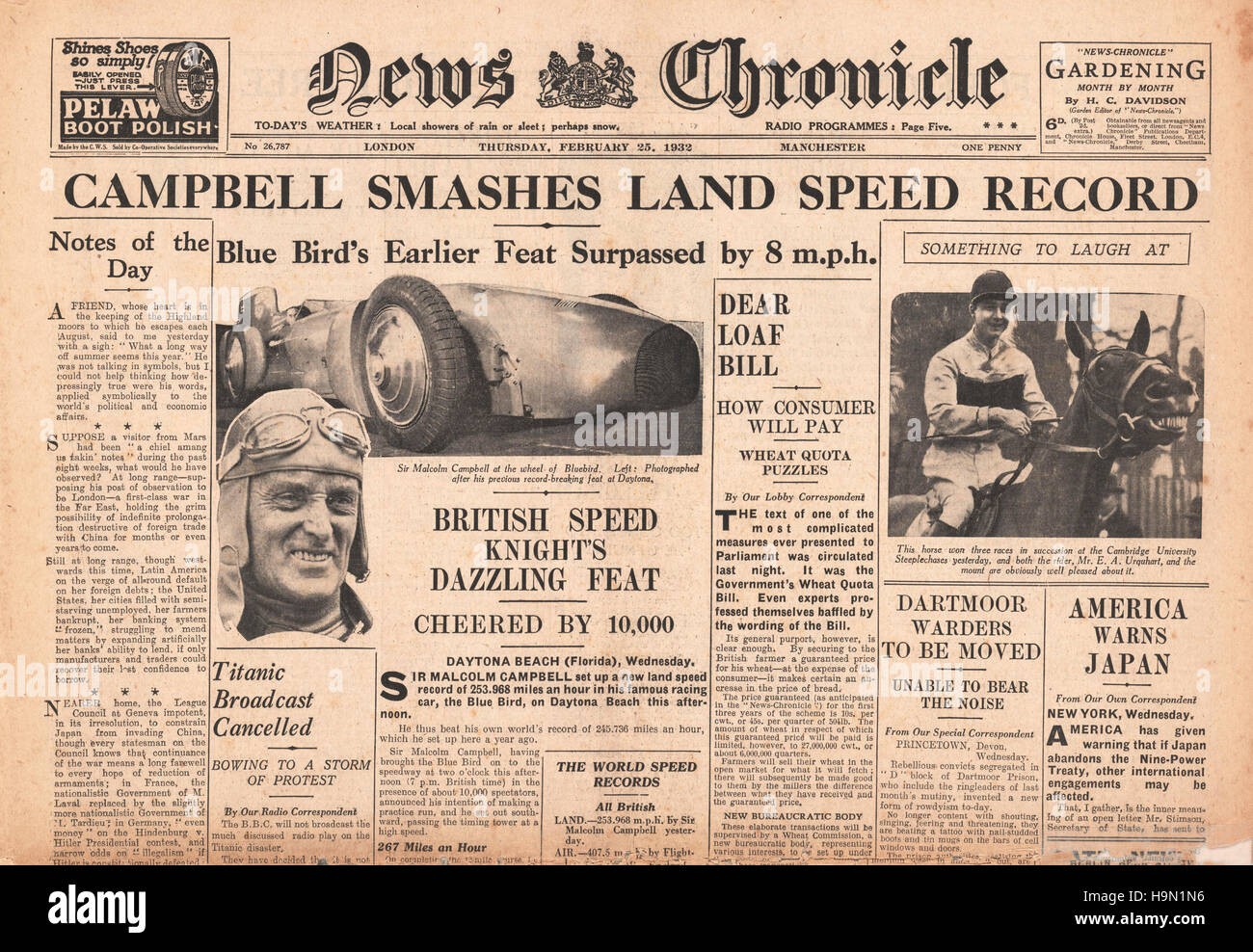 1932 News Chronicle Titelseite Malcolm Campbell bricht Geschwindigkeitsrekord Stockfoto