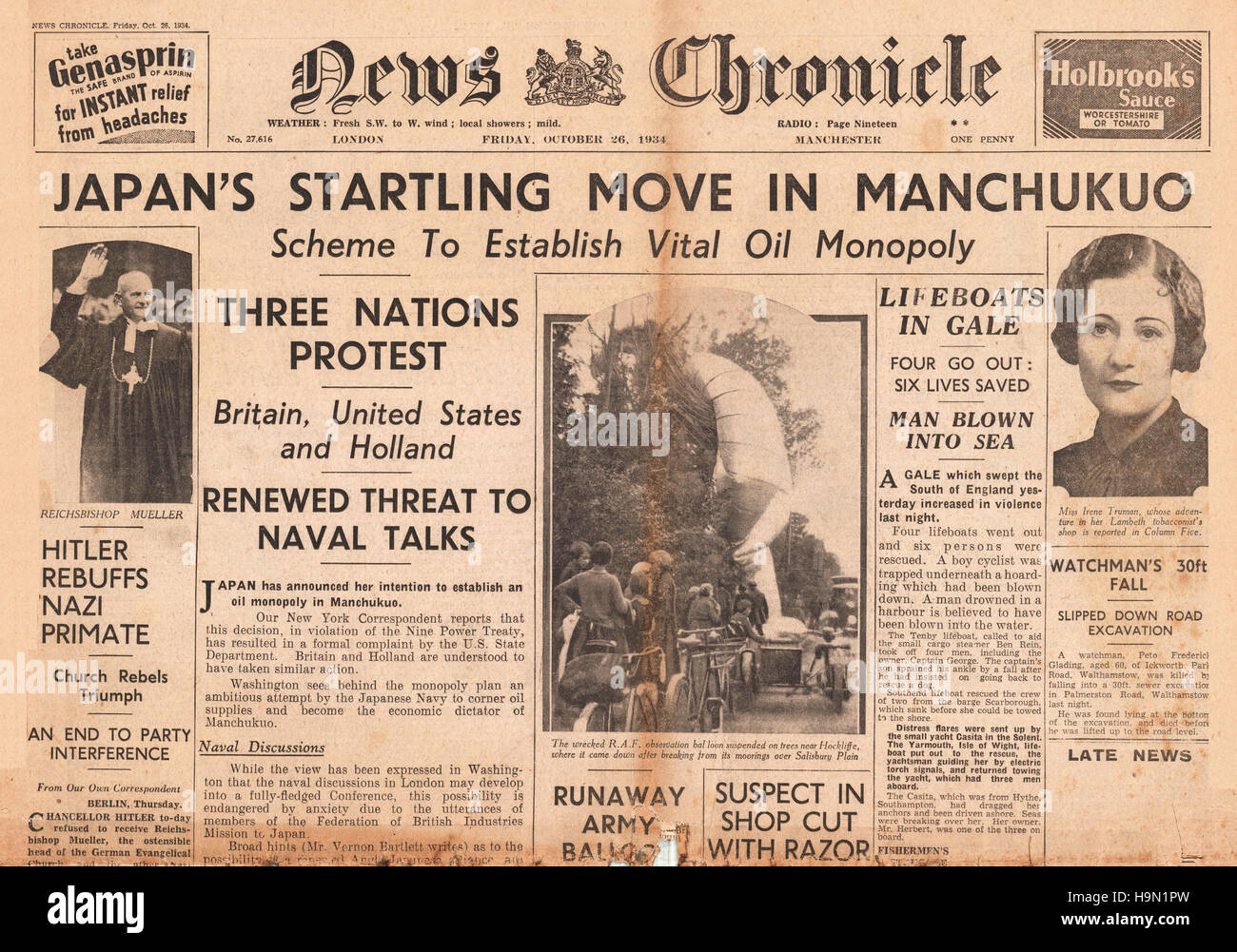 1934 News Chronicle Japan etablieren Öl Monopol in der Mandschurei Stockfoto