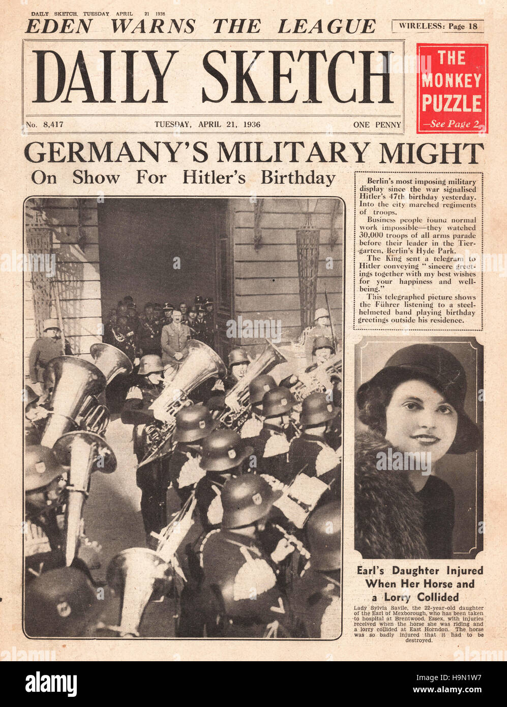 1936 daily Sketch Titelseite steigen der deutschen Militärmacht Stockfoto