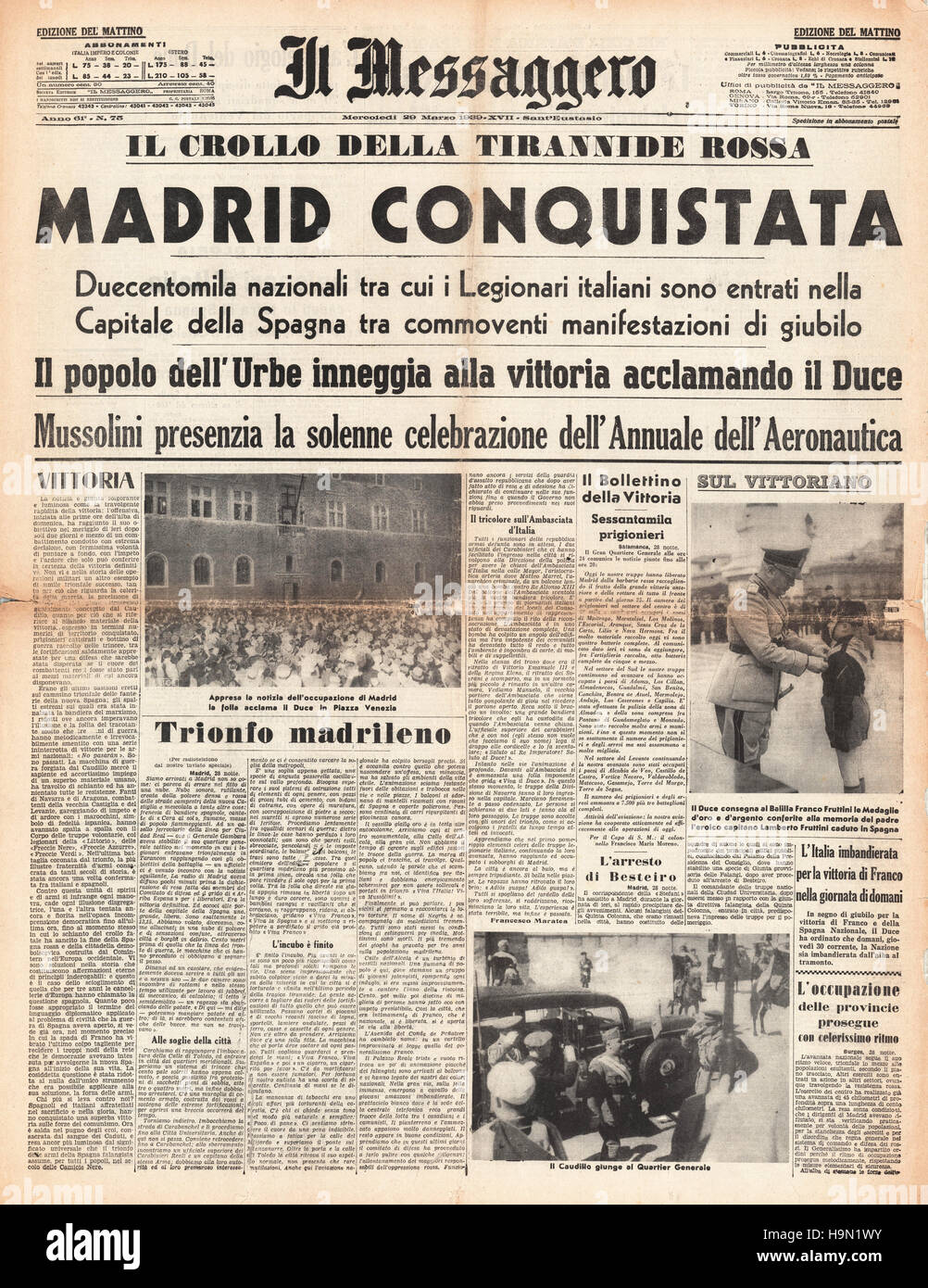 1939 Il Messaggero Front Seite Madrid erobert im spanischen Bürgerkrieg Stockfoto