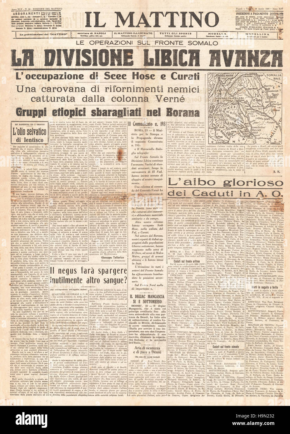 1936 Il Mattino Titelseite Italien im Krieg gegen Abessinien Stockfoto