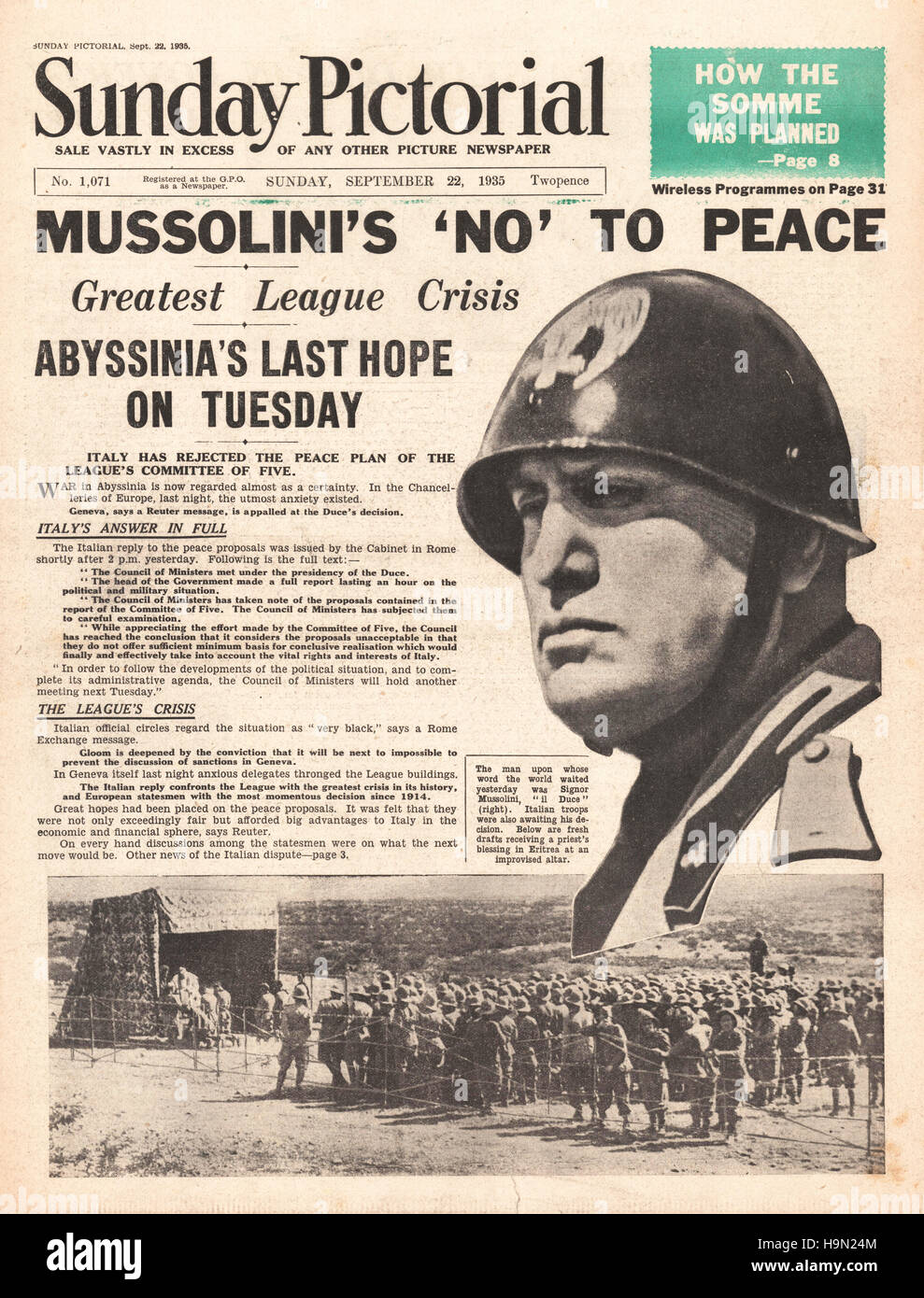 1936 Sonntag bildliche Startseite Italien im Krieg mit Abessinien Stockfoto