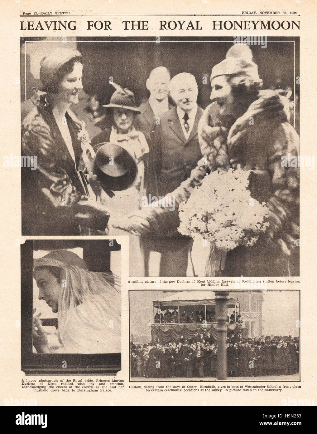 1934 daily Sketch Seite 12 Hochzeit von Prinz Georg und Prinzessin Marina von Griechenland Stockfoto