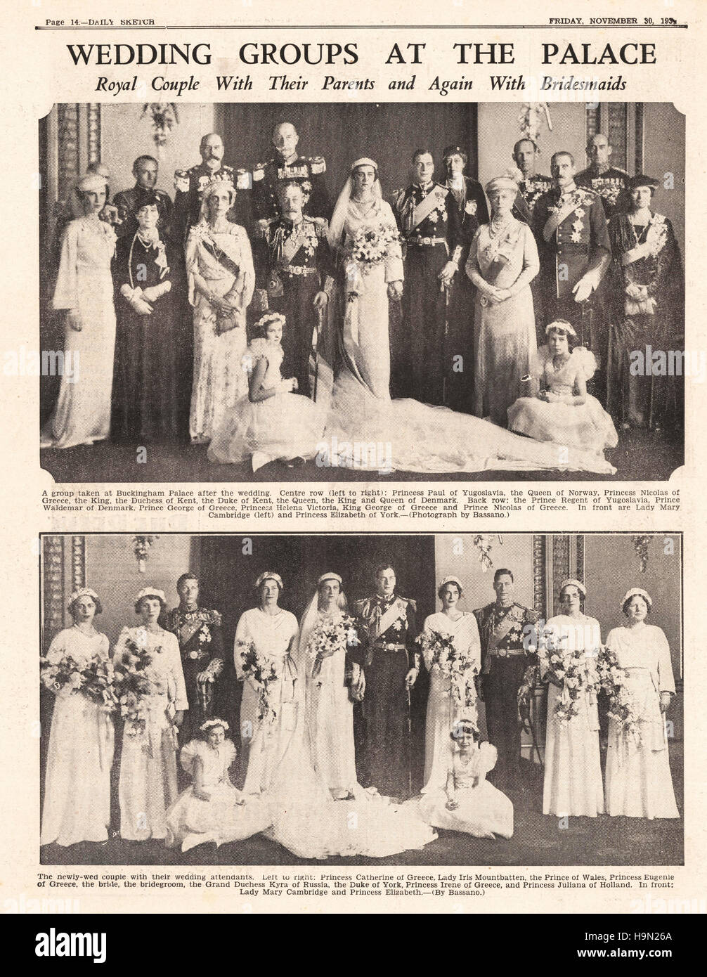 1934 daily Sketch Seite 14 Hochzeit von Prinz Georg und Prinzessin Marina von Griechenland Stockfoto