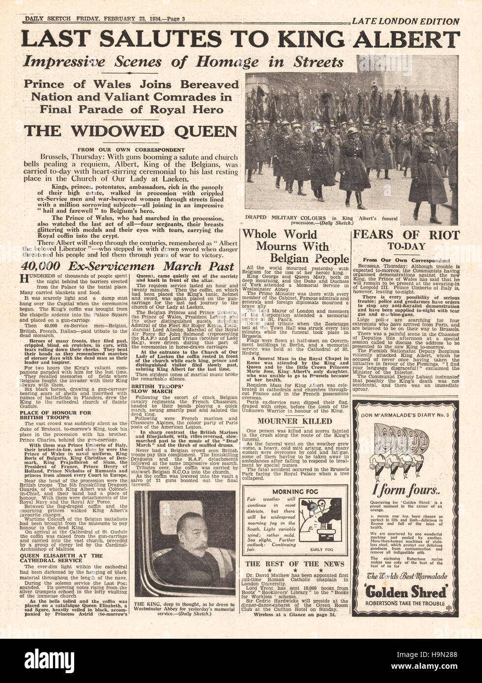 1934 daily Sketch Seite 3 Beerdigung von Albert, König der Belgier Stockfoto