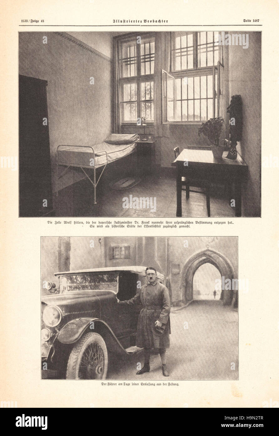 1933 Illustrierte Beobachter Seite 1487 Adolf Zelle im Gefängnis Landsberg Stockfoto