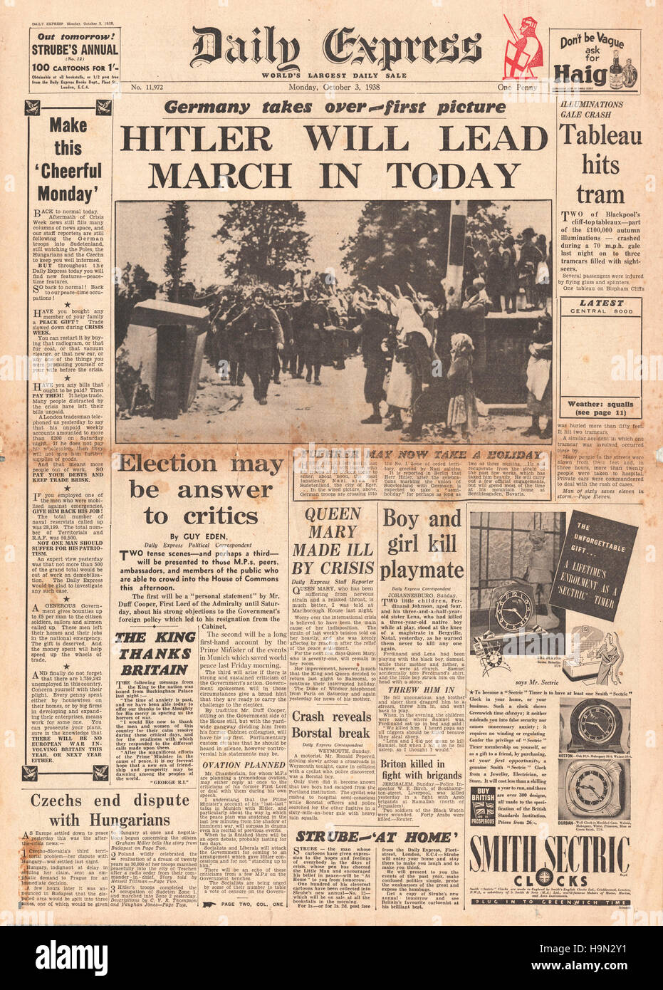 März 1938 daily Express Titelseite deutsche Armee auf dem Sudetenland Stockfoto
