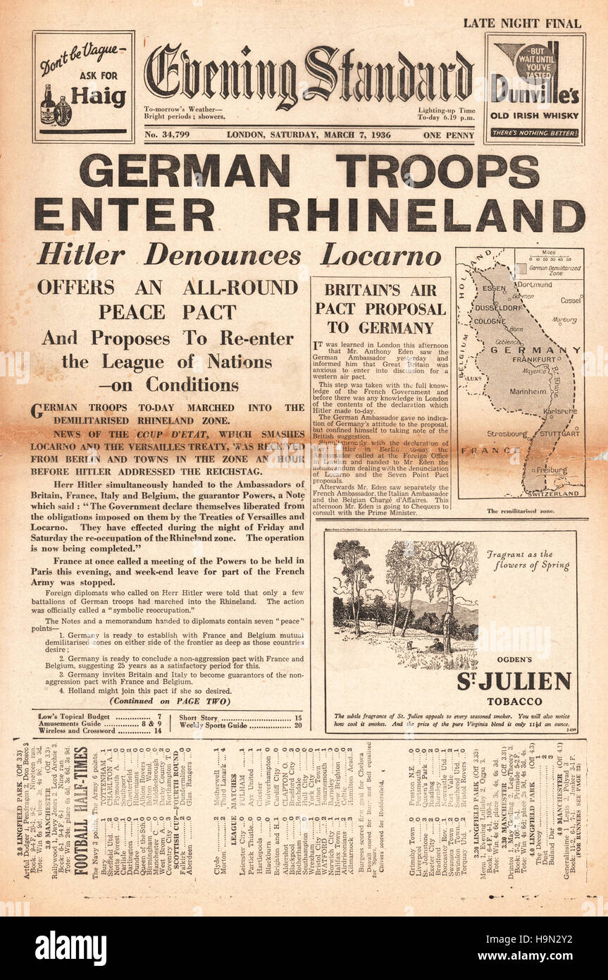 1936 Abend Standard deutsche Truppen geben Sie im Rheinland Stockfoto