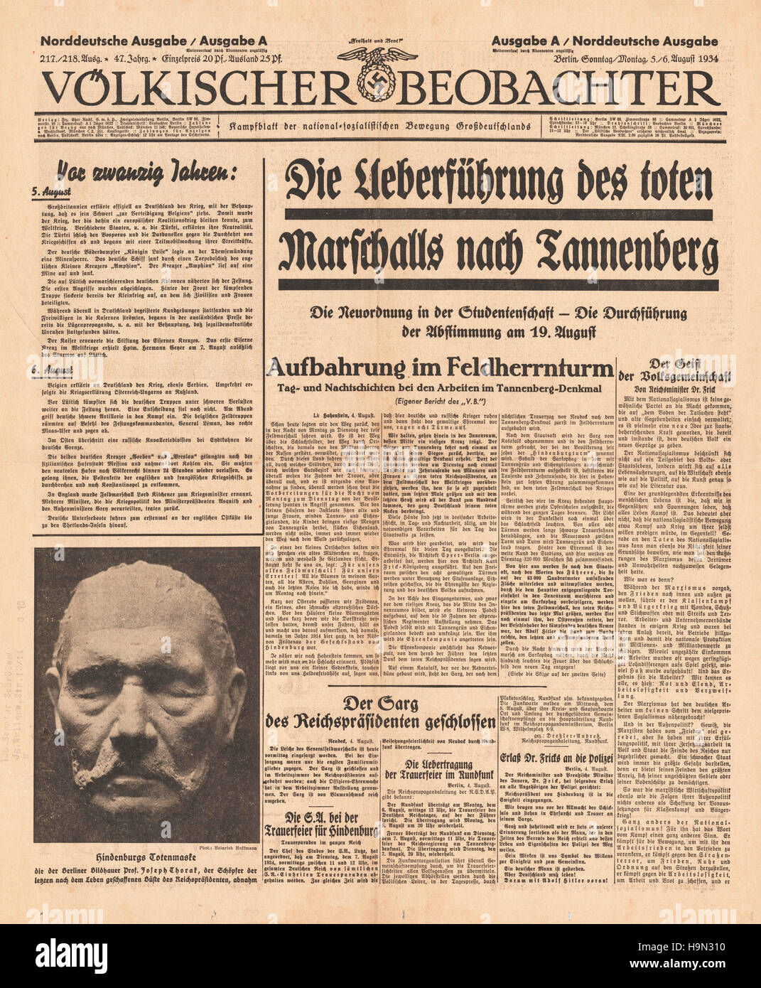 1934 Völkischer Beobachter Front Seite Tod des deutschen Präsidenten Paul von Hindenburg Stockfoto