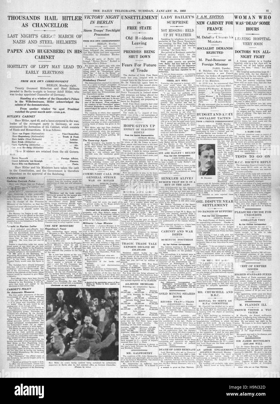 1933 daily Telegraph Seite 11 Adolf Hitler wird Reichskanzler Deutschlands Stockfoto