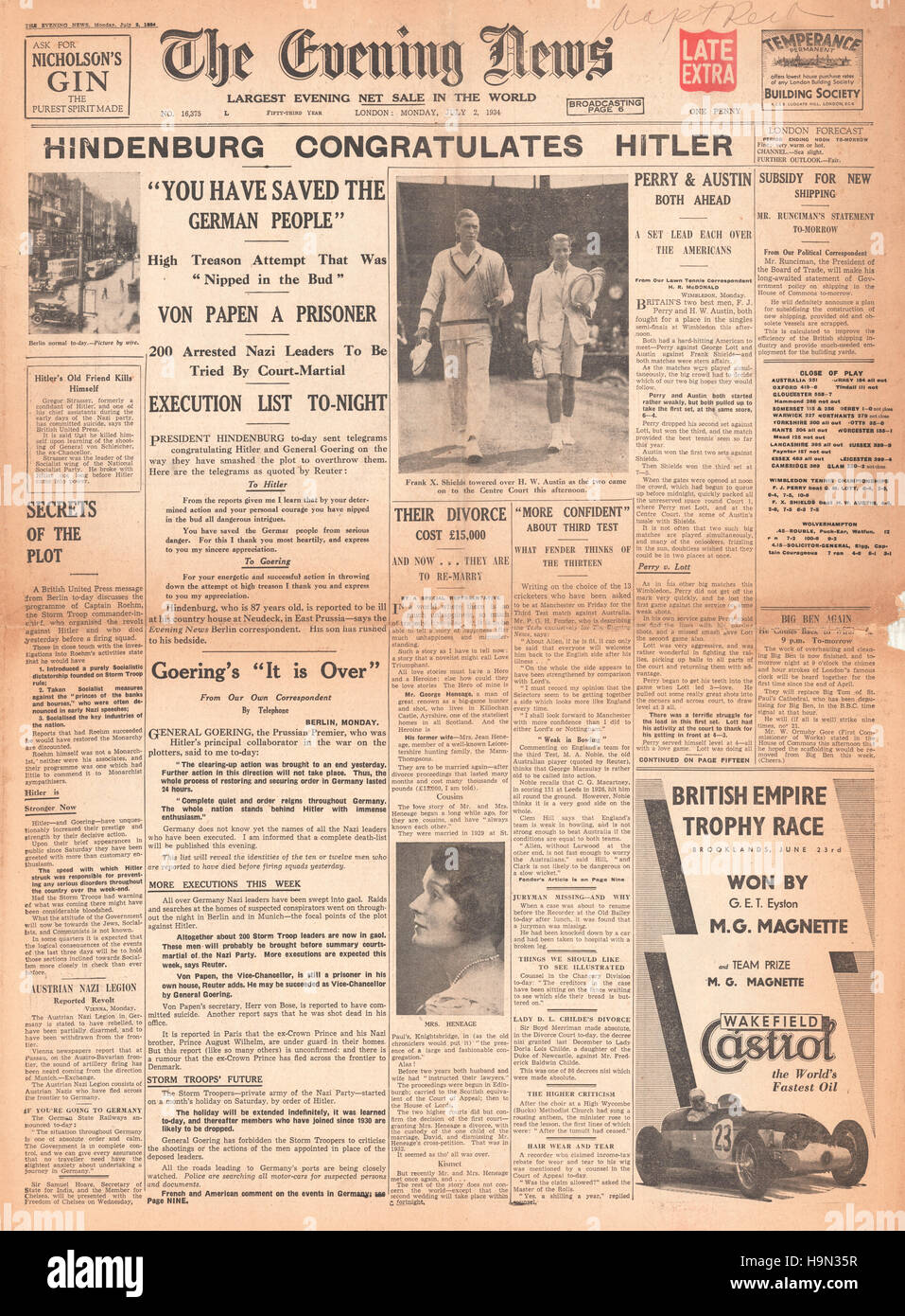 1934-Abend-Nachrichten (Loondon) Titelseite Berichterstattung Nacht der langen Messer Stockfoto