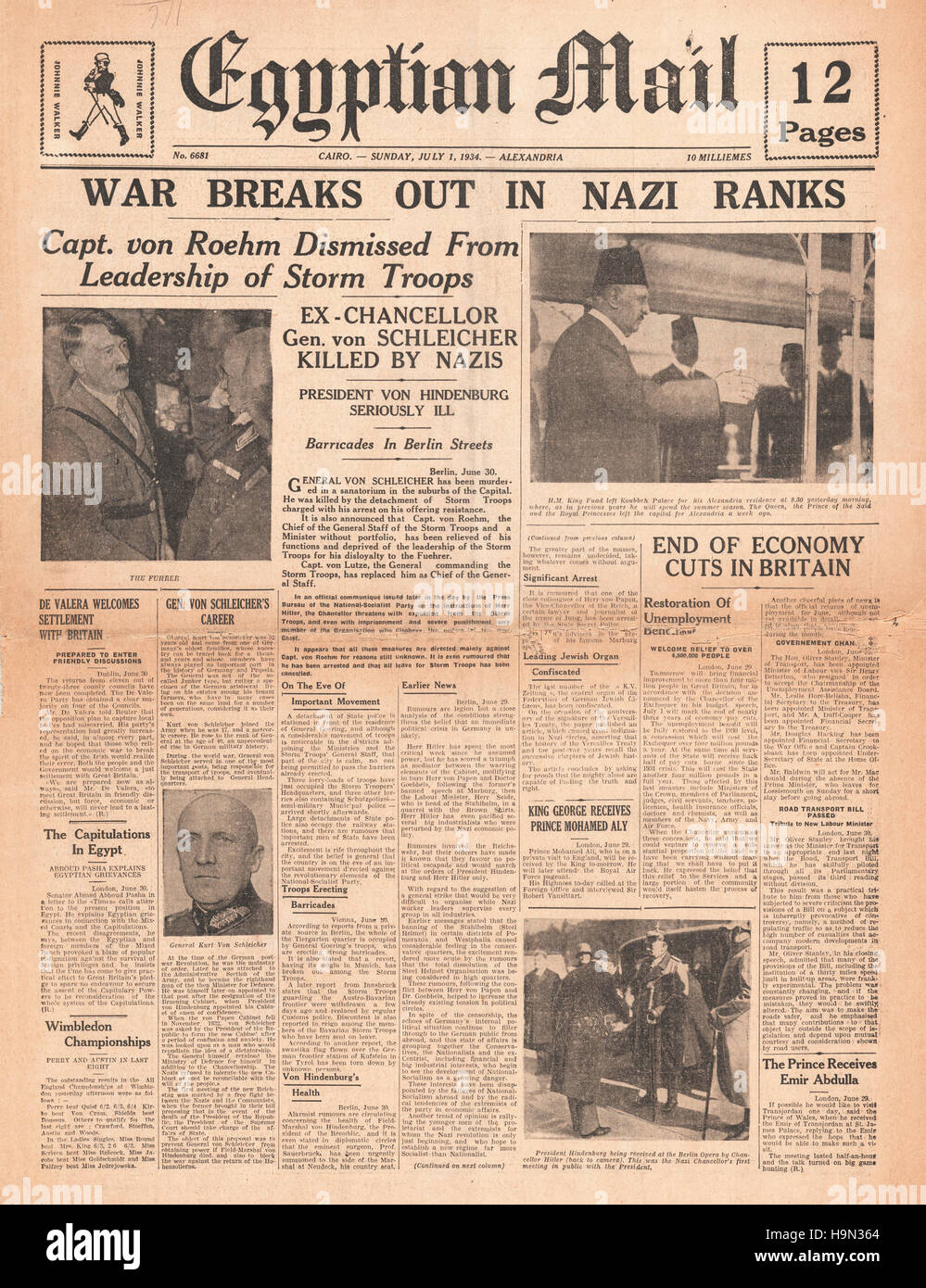 1934 ägyptischen Mail Startseite Berichterstattung Nacht der langen Messer Stockfoto