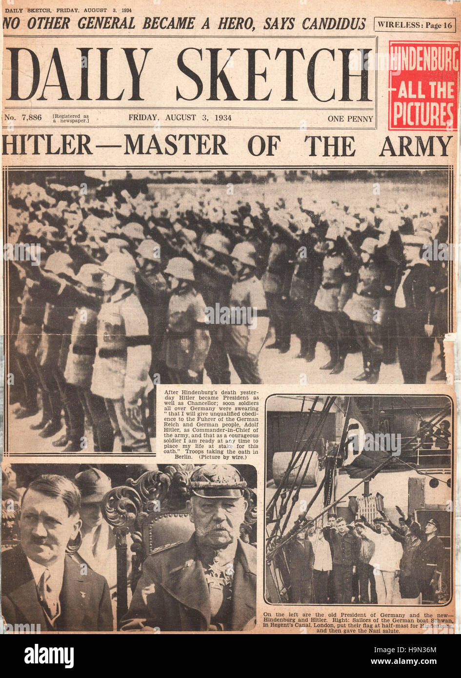 1934 daily Sketch Titelseite berichtet Adolf Hitler wird der neue Bundespräsident nach dem Tod von Hindenburg Stockfoto