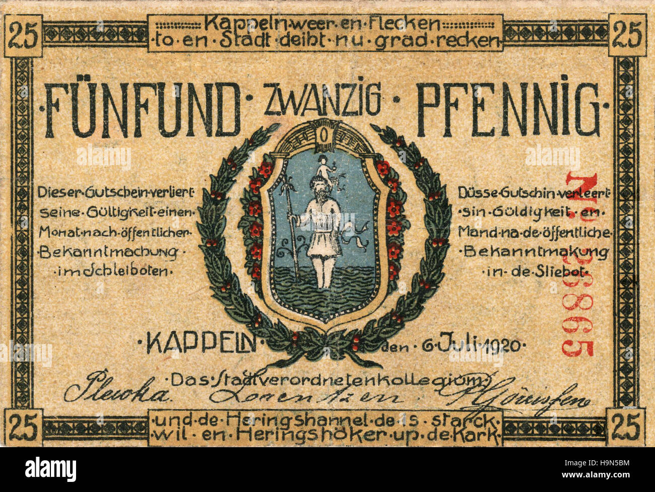 1920 Reichsbanknote fünfundzwanzig Pfennige Anmerkung Stockfoto