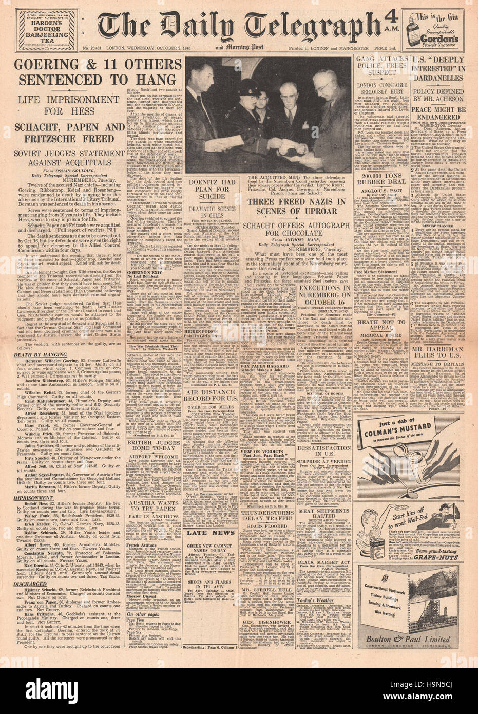 1946 daily Telegraph Titelseite Nazi-Führer zum Tode verurteilt Stockfoto