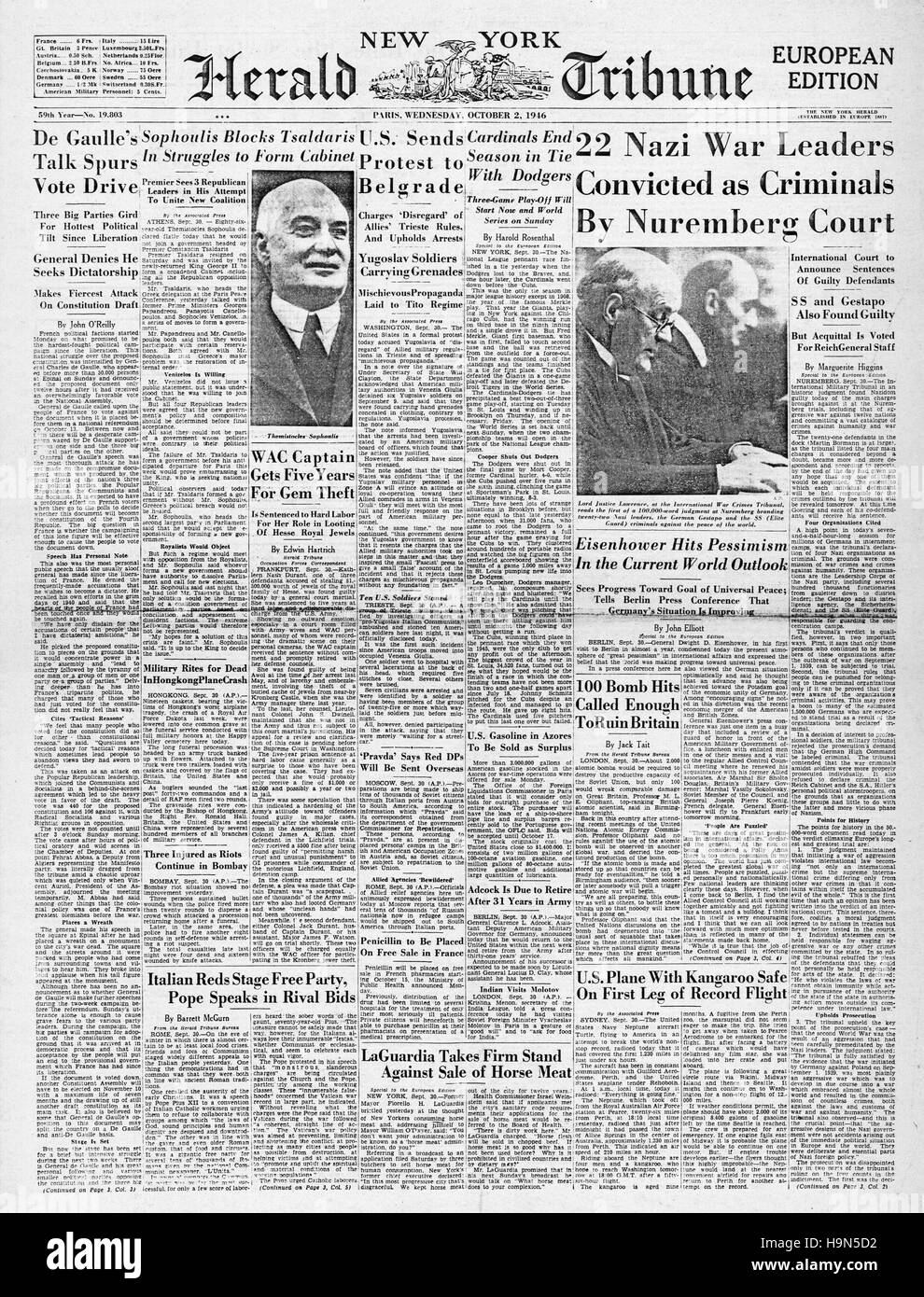 1946 New York Herald Tribune Titelseite Nazi-Führer zum Tode verurteilt Stockfoto