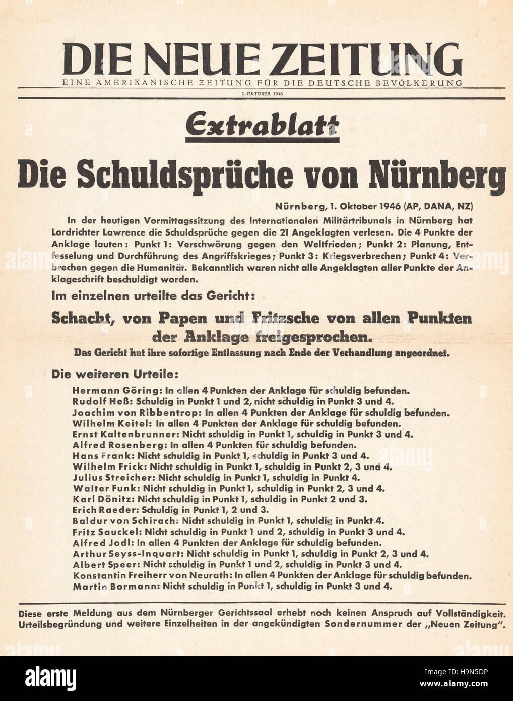 1946 die Neue Zeitung Titelseite Nazi-Führer zum Tode verurteilt Stockfoto