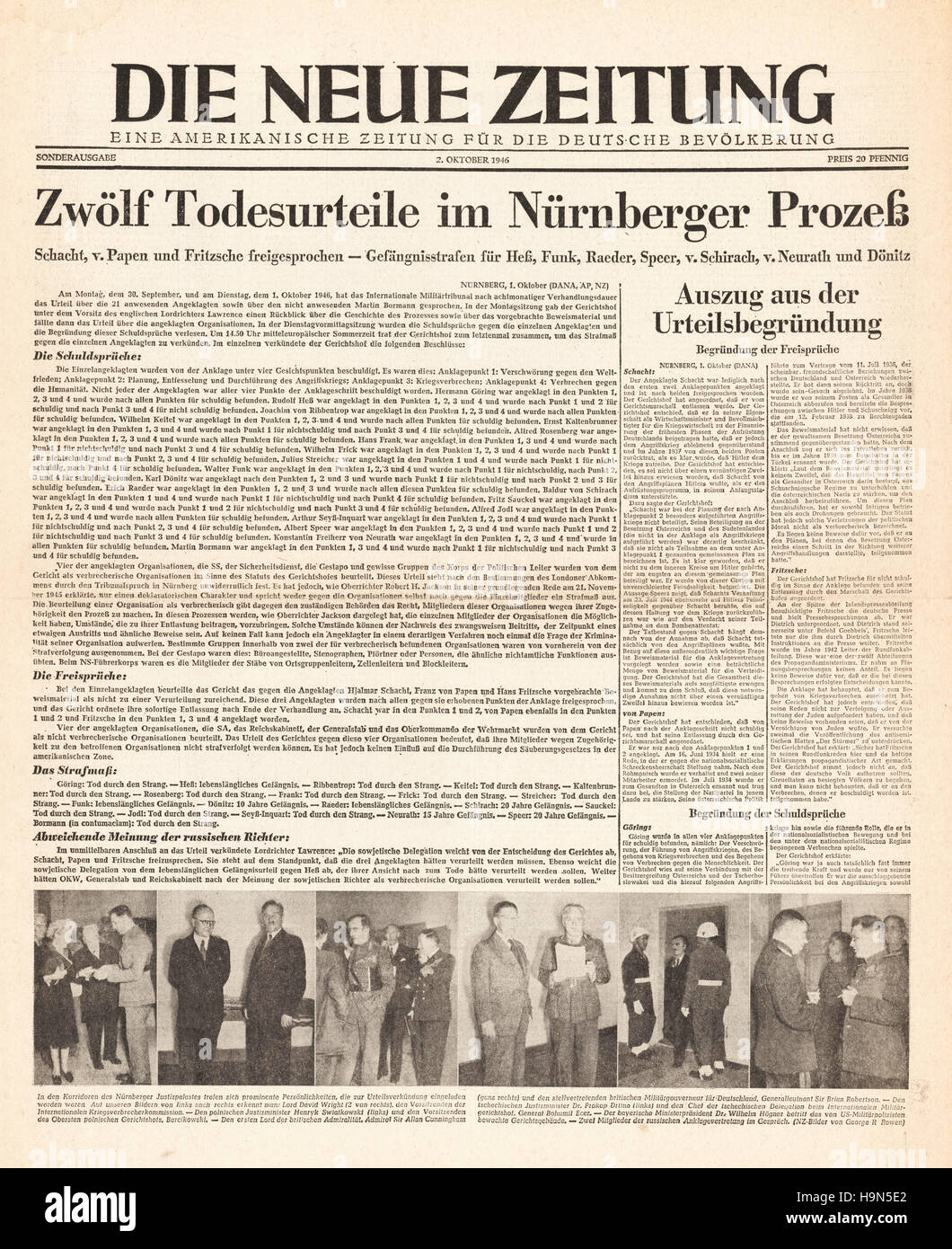 1946 die Neue Zeitung Titelseite Nazi-Führer zum Tode verurteilt Stockfoto