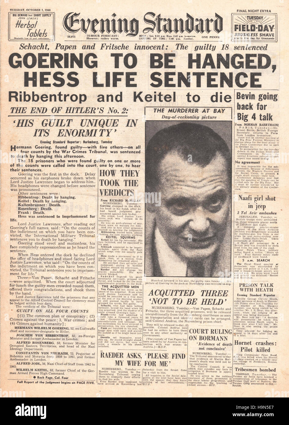Evening Standard (London) Titelseite Nazi-Führer 1946 zum Tode verurteilt Stockfoto