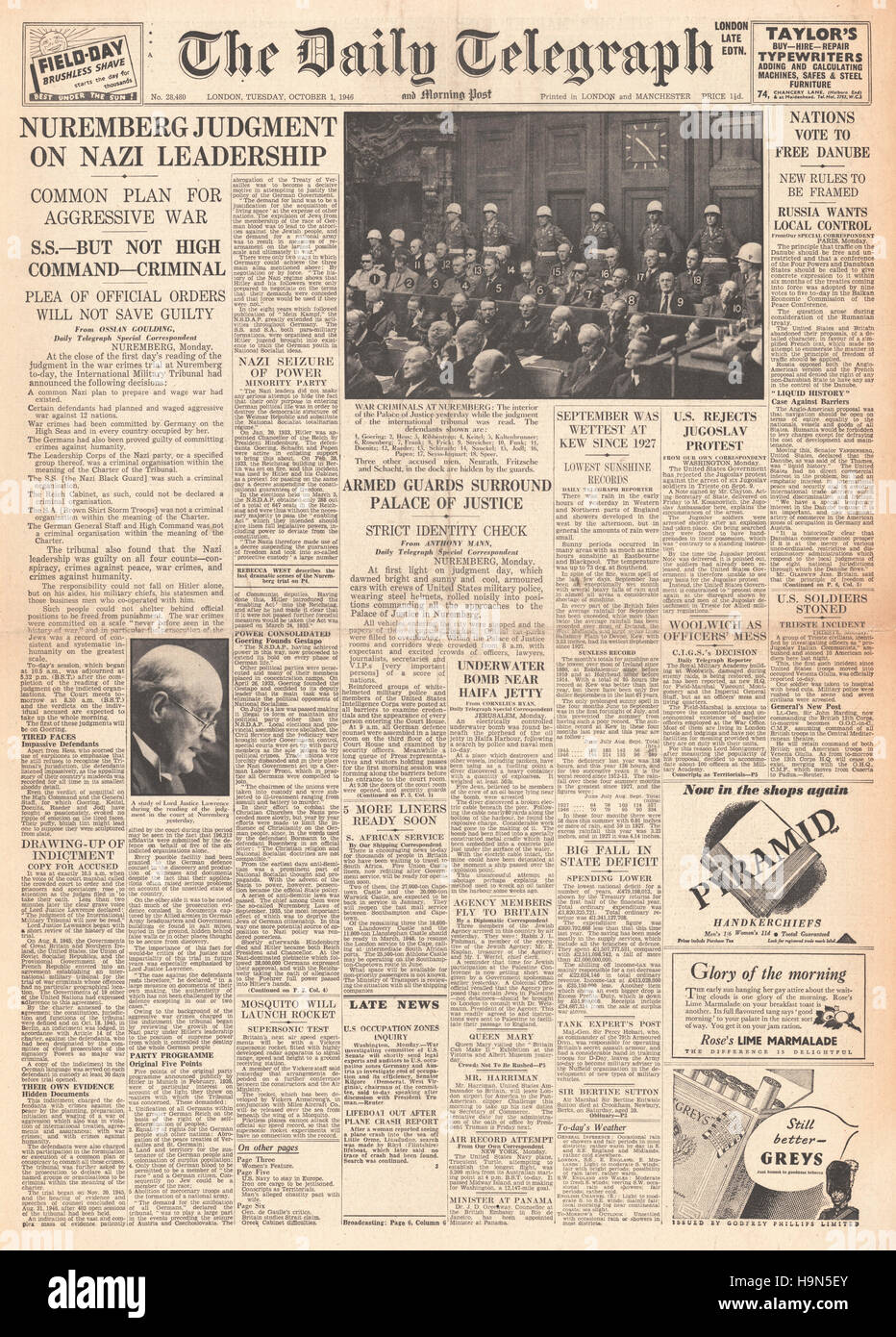 1946 daily Telegraph Titelseite Nazi-Führer zum Tode verurteilt Stockfoto