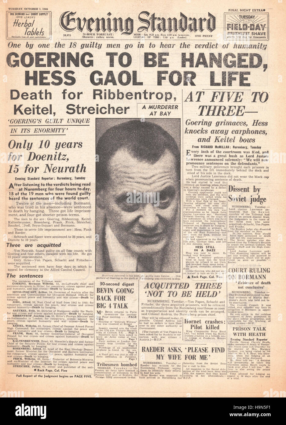 1946 Evening Standard (London) 2. Ausgabe Titelseite Nazi-Führer zum Tode verurteilt Stockfoto
