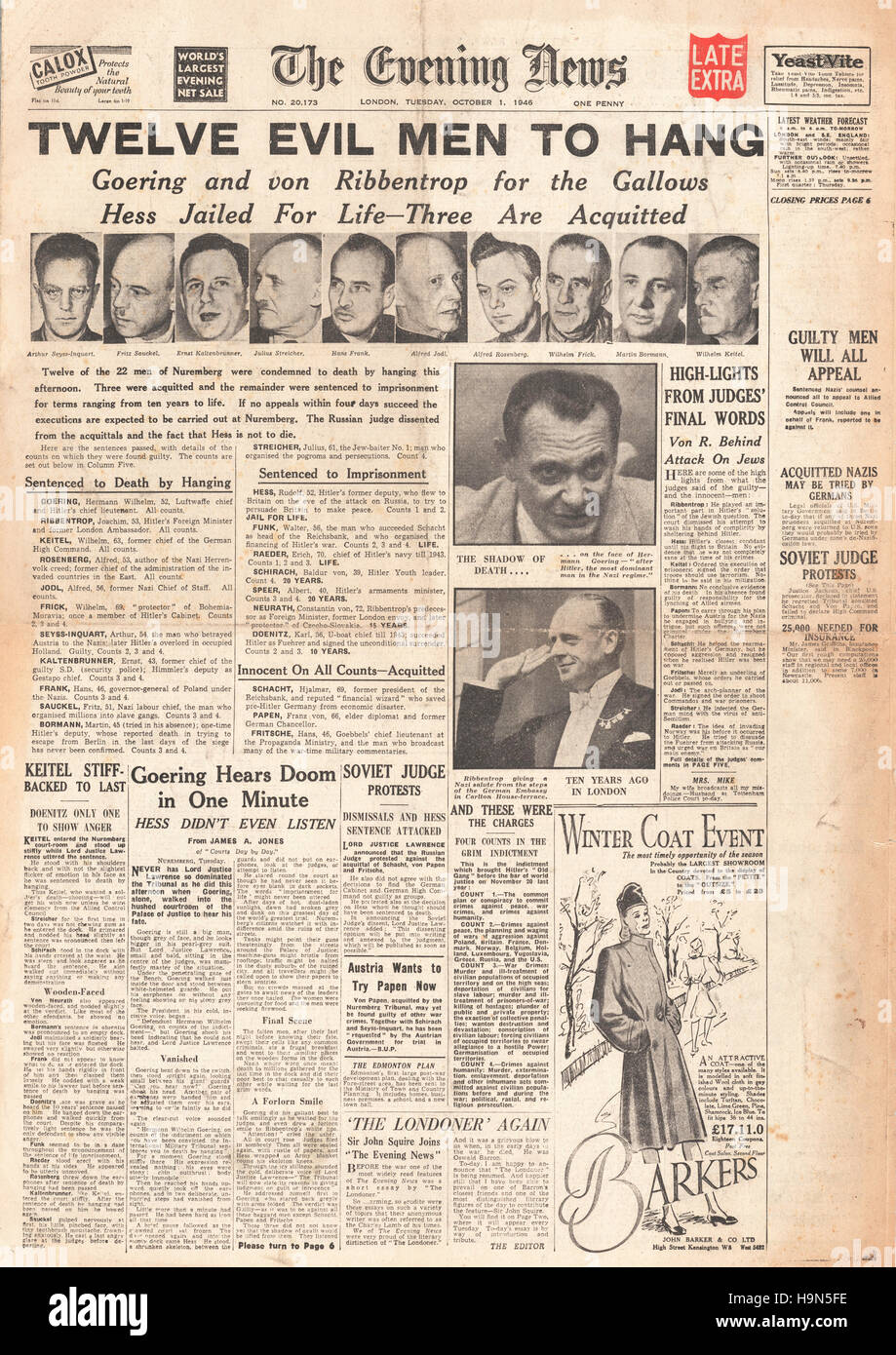 1946-Abend-Nachrichten (London) Titelseite Nazi-Führer zum Tode verurteilt Stockfoto
