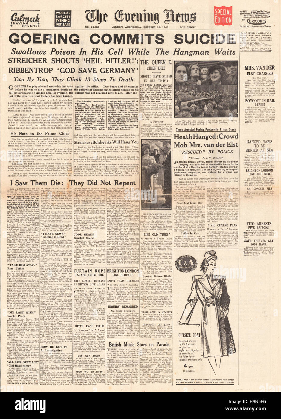 1946-Abend-Nachrichten (London) Titelseite Herman Göring begeht Selbstmord Stockfoto