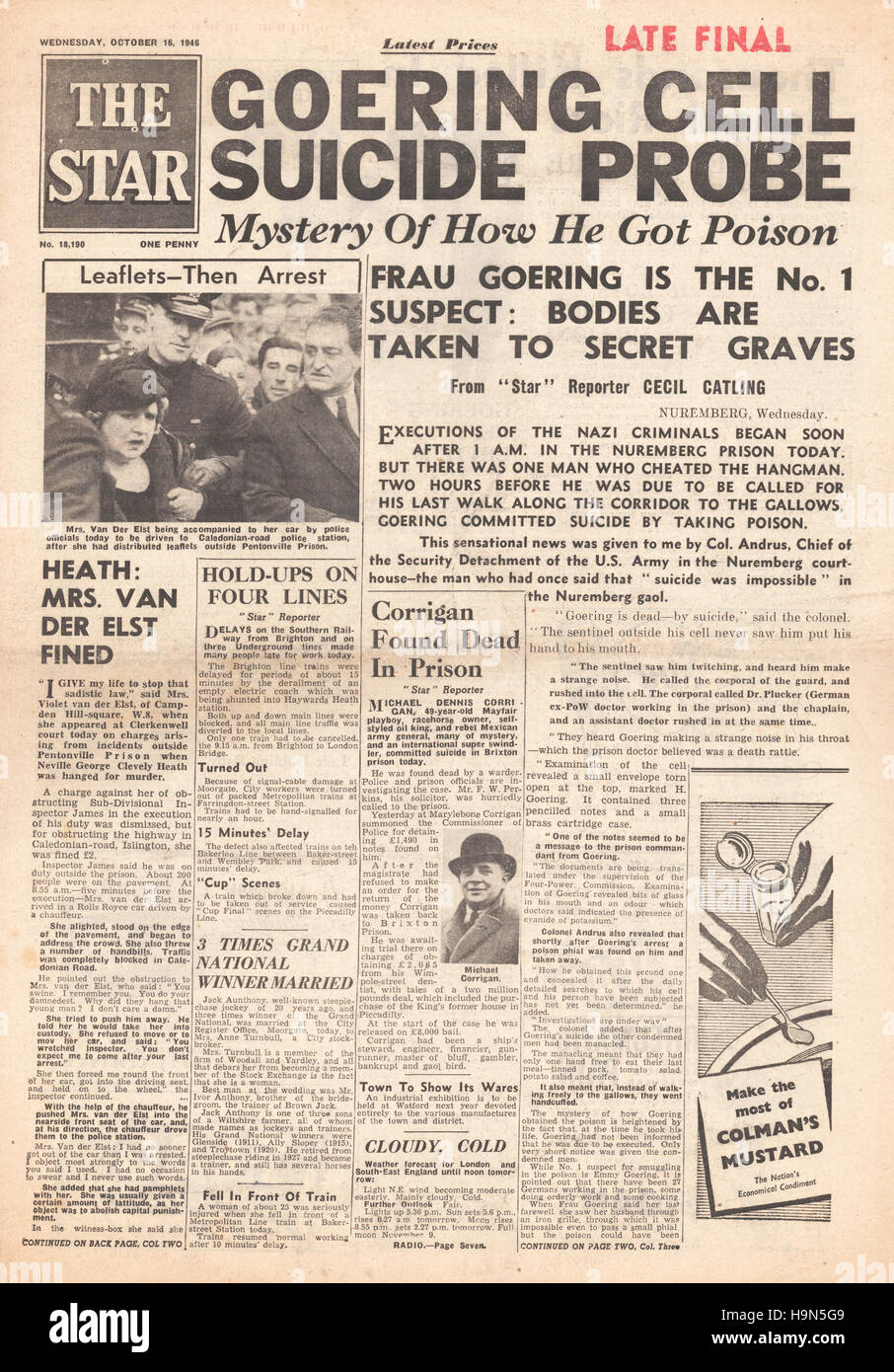 1946 die Sterne (London) Titelseite Herman Göring begeht Selbstmord Stockfoto