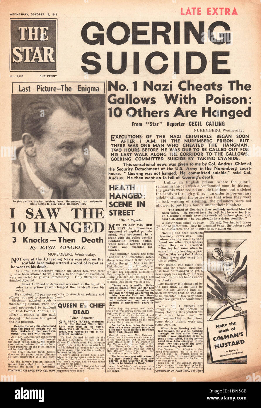 1946 die Sterne (London) Titelseite 2. Auflage Herman Göring begeht Selbstmord Stockfoto