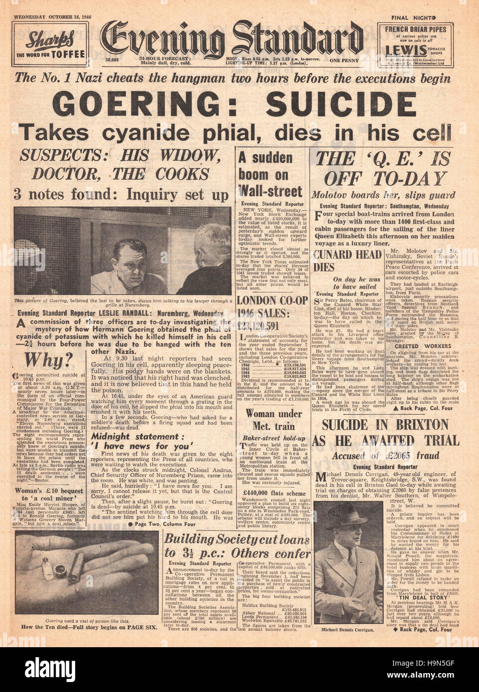 1946 Evening Standard Titelseite 2. Auflage Herman Göring begeht Selbstmord Stockfoto